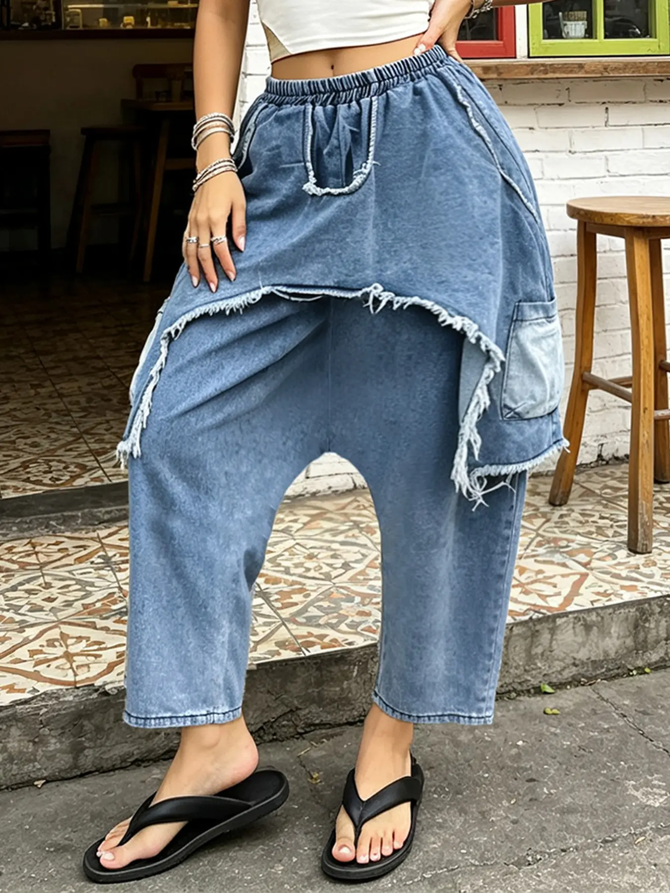 Women's Patchwork Jeans, Elastic Waist, Loose-Fitting, Casual Style, Long Pants, Ideal for Daily Wear and Travel, Street Fashion