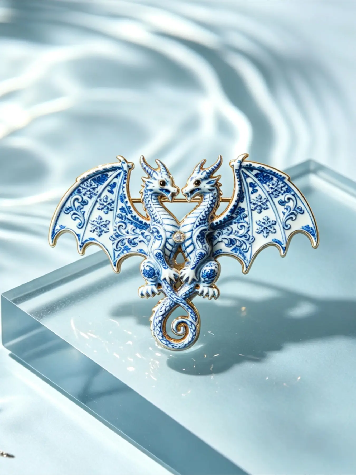1PC Vintage Blue And White Porcelain Twin Dragon Brooch, Rhinestone Intertwined Dragon Lapel Pin Oriental Snowflake Pattern Mythical Badge for Coat Scarf Suit Decor Gift