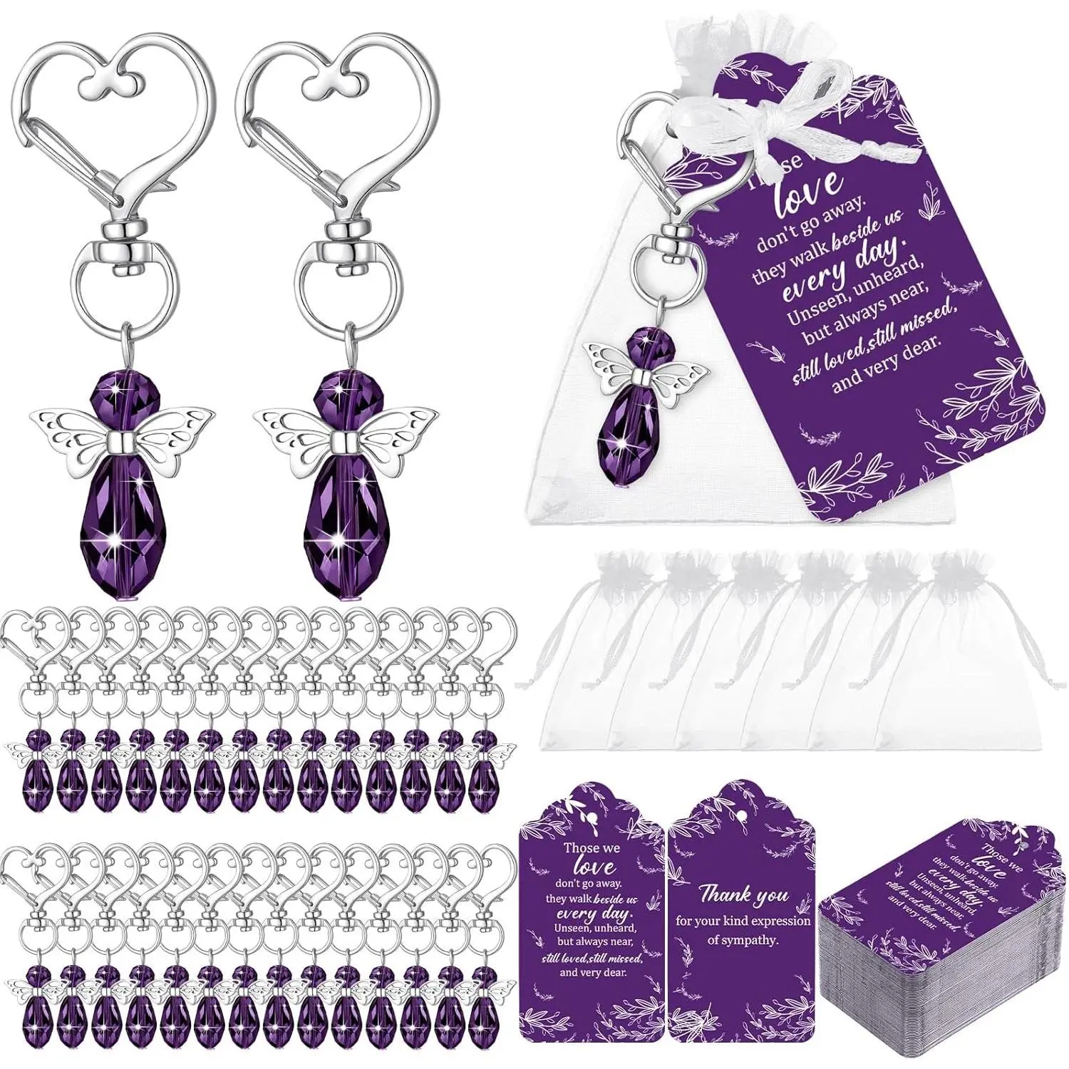 Junkin Memorial Guest Return Gifts Set - 100 Delicate Purple Angel Keychains & Thank You Cards, Funeral & Celebration of Life Favors (Angel Keys Inclusive)