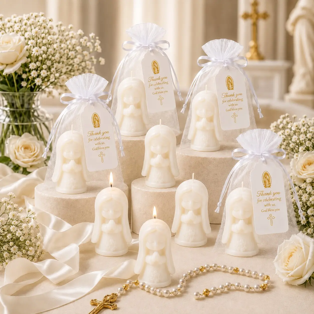 16pcs/5sets Baptism Gifts Virgin Mary Shaped Candles With Packaging Bags And Tags, Christian Baptism, Communion, Baby Shower Party Guest Favors, Church Event Use