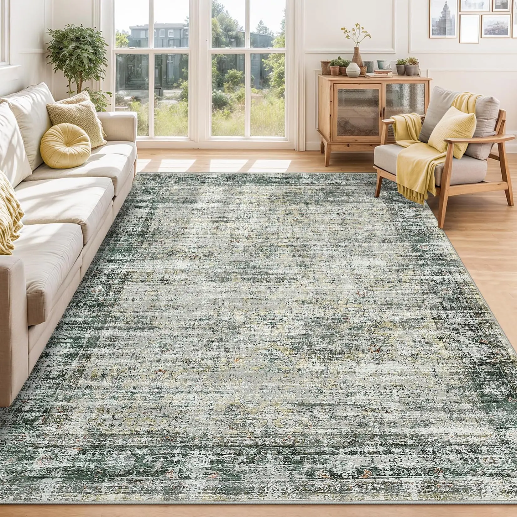 Garvee 5x7 Washable Area Rug for Living Room and Bedroom, Soft Vintage Distressed Large Thin Indoor Floor Carpet, Retro Abstract Non-Slip Throw Rug in Green Multi, Ideal for Dining Room and Living Spaces
