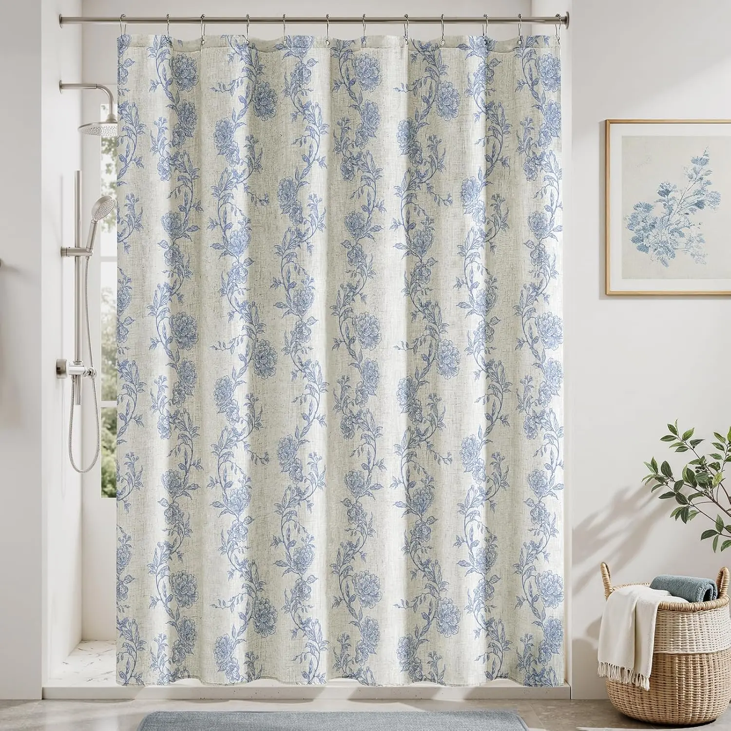 HOMEIDEAS Blue Floral Shower Curtain, Farmhouse Shower Curtains with Hooks, Fabric Faux Linen Shower Curtain Set for Farmhouse Bathroom Decor, 72x72 Inch