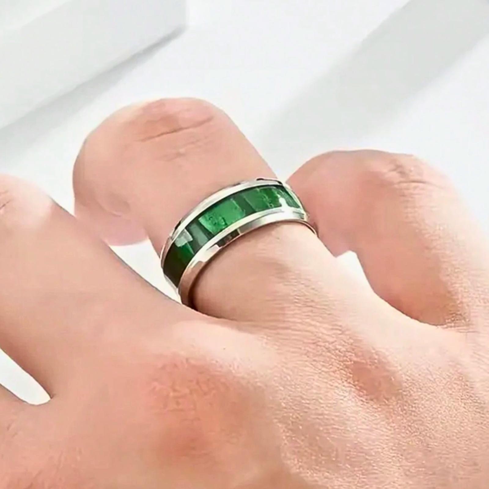 Elegant 8mm Stainless Steel Tungsten Ring with Green Inlay - Fashionable silver bezel design, perfect for weddings and everyday wear, ideal as a gift for Valentine's Day, Christmas, Father's Day, wedding ring