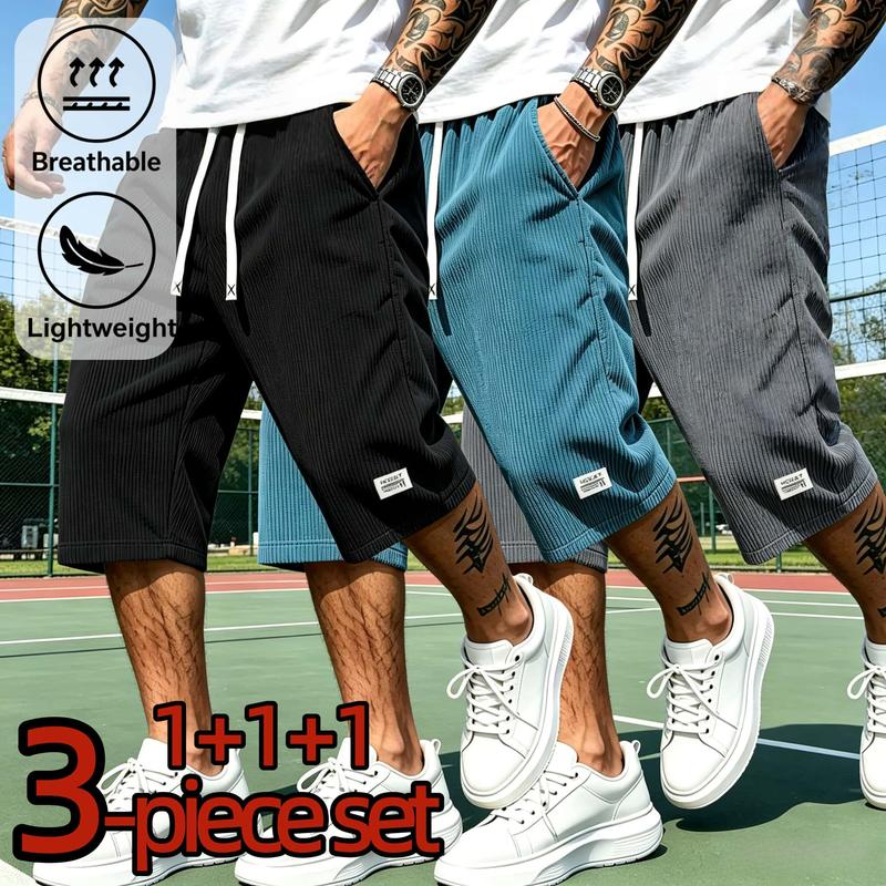3PC Men's Summer Five Quarter Pants Are Fashionable, Thin and Breathable, with Adjustable Drawstring Back Pocket Design and Corduroy Texture Fabric Shorts, Suitable for Jogging, Leisure Sports, Daily Outdoor Vacation Wear