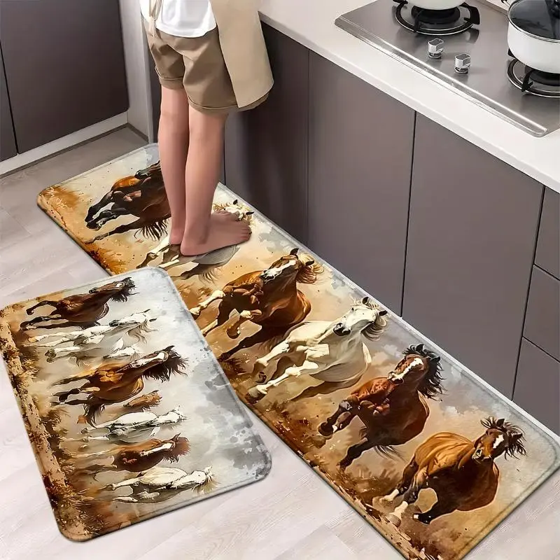 Western Running Horses Print Flannel Fabric Rug - Farmhouse Rustic Style, Non-Slip Absorbent, Multi-Size, for Kitchen-Entry Use, Home Interior Decor