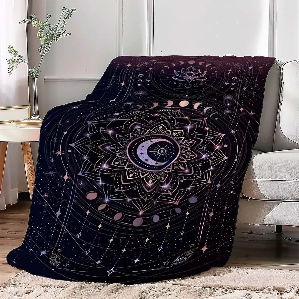 Celestial Moon Phase Mandala Lotus Print Flannel Fleeced Blanket Cozy Throw Blanket Premium Lightweight Blanket Throw Season Cozy Warm Nap Multifunctional Blanket, Mystical Boho Starry Night & Astrology Pattern Versatile Gift For Spiritual Boho Lovers Hom