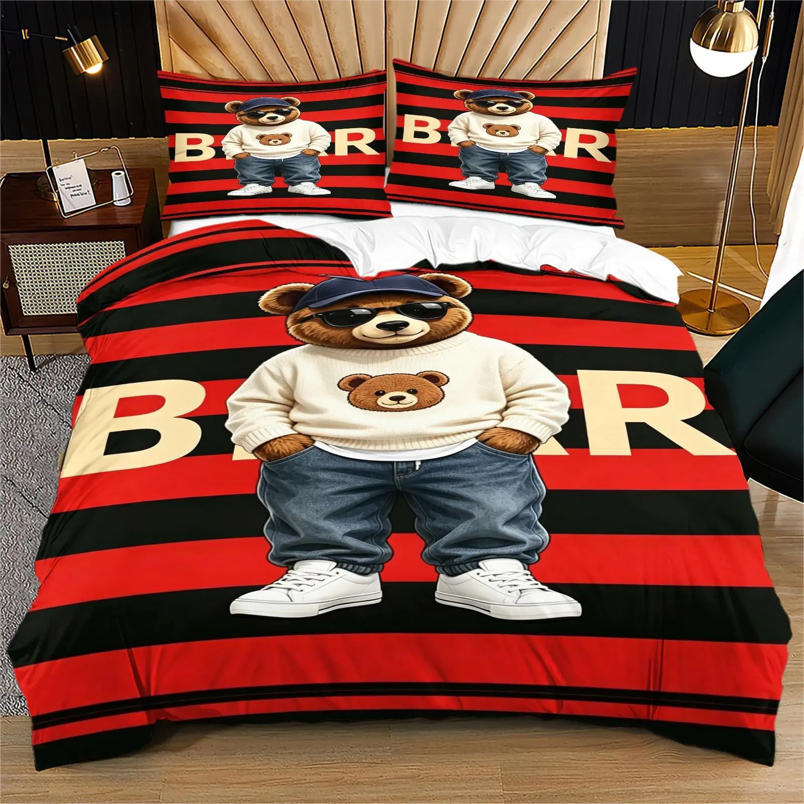 Chic and Cool Bear Pattern Soft Material and Durable Quality Bedding Set, Includes 1 Quilt Cover and 1 or 2 Pillowcases, No Quilt or Pillow Insert, Perfect for Children or Adults as Gifts, Modern Style Fashionable Bedroom Bed Decorations