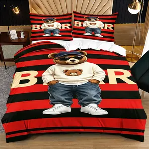 Chic and Cool Bear Pattern Soft Material and Durable Quality Bedding Set, Includes 1 Quilt Cover and 1 or 2 Pillowcases, No Quilt or Pillow Insert, Perfect for Children or Adults as Gifts, Modern Style Fashionable Bedroom Bed Decorations