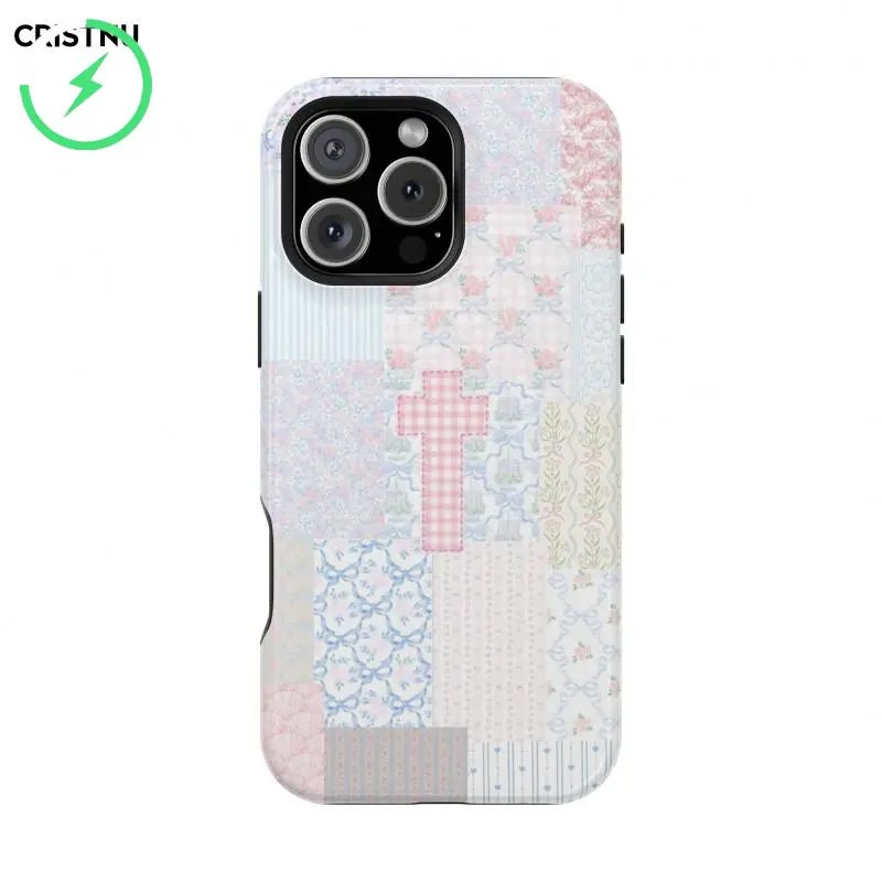 Magnetic Case Christian Patchwork Phone Case – Pastel Cottagecore Cross Design |   Vintage Quilt Aesthetic Faith-Based Soft Girl Gift |     for iPhone 11 12 13 14 15 16 17 Pro Max Pro Plus, Smartphone, Handheld