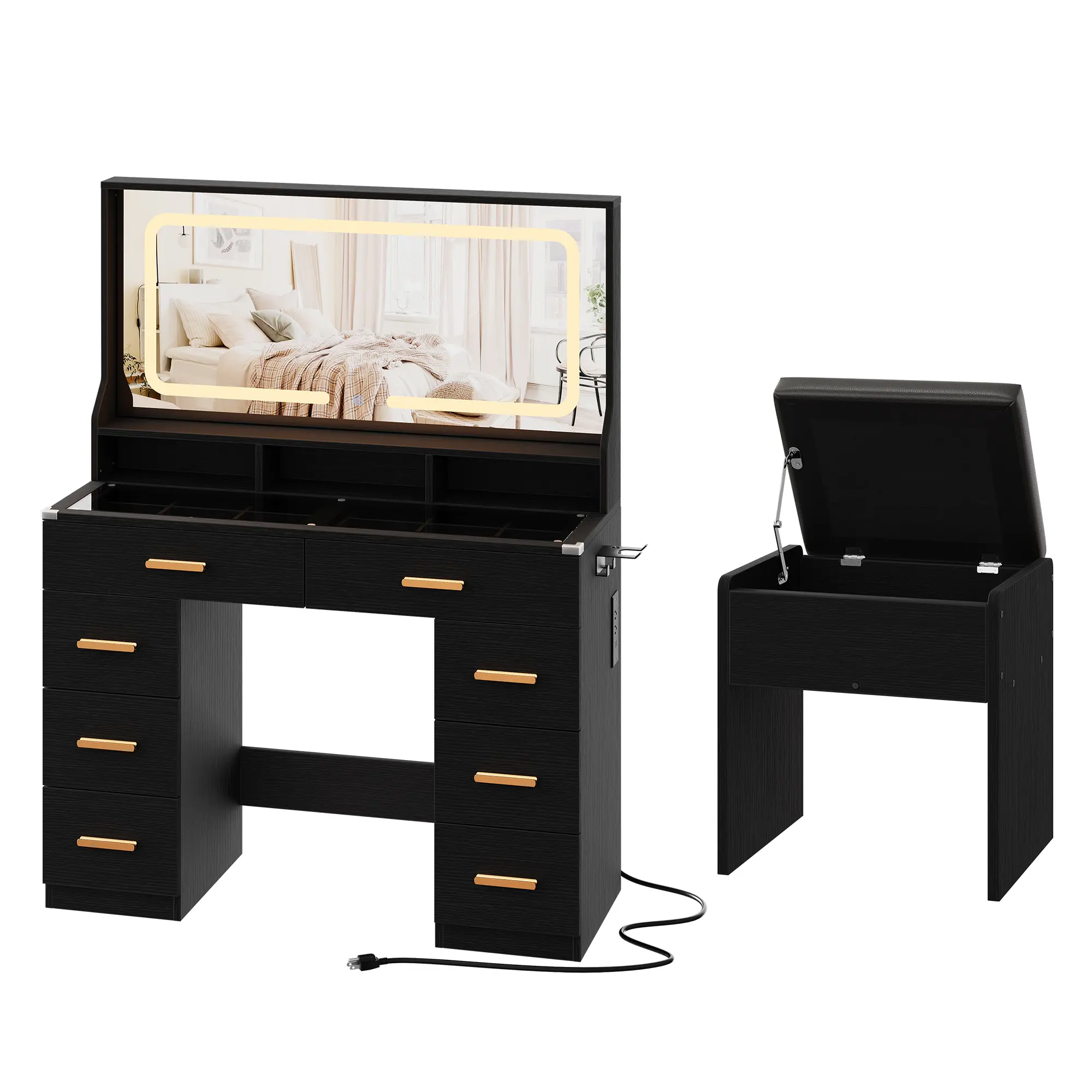 Contemporary Black Makeup Vanity Desk with 42" LED Lighted Mirror, 8 Drawers & Glass Top, Built-in Power Outlets, Hair Dryer Holder & Stool