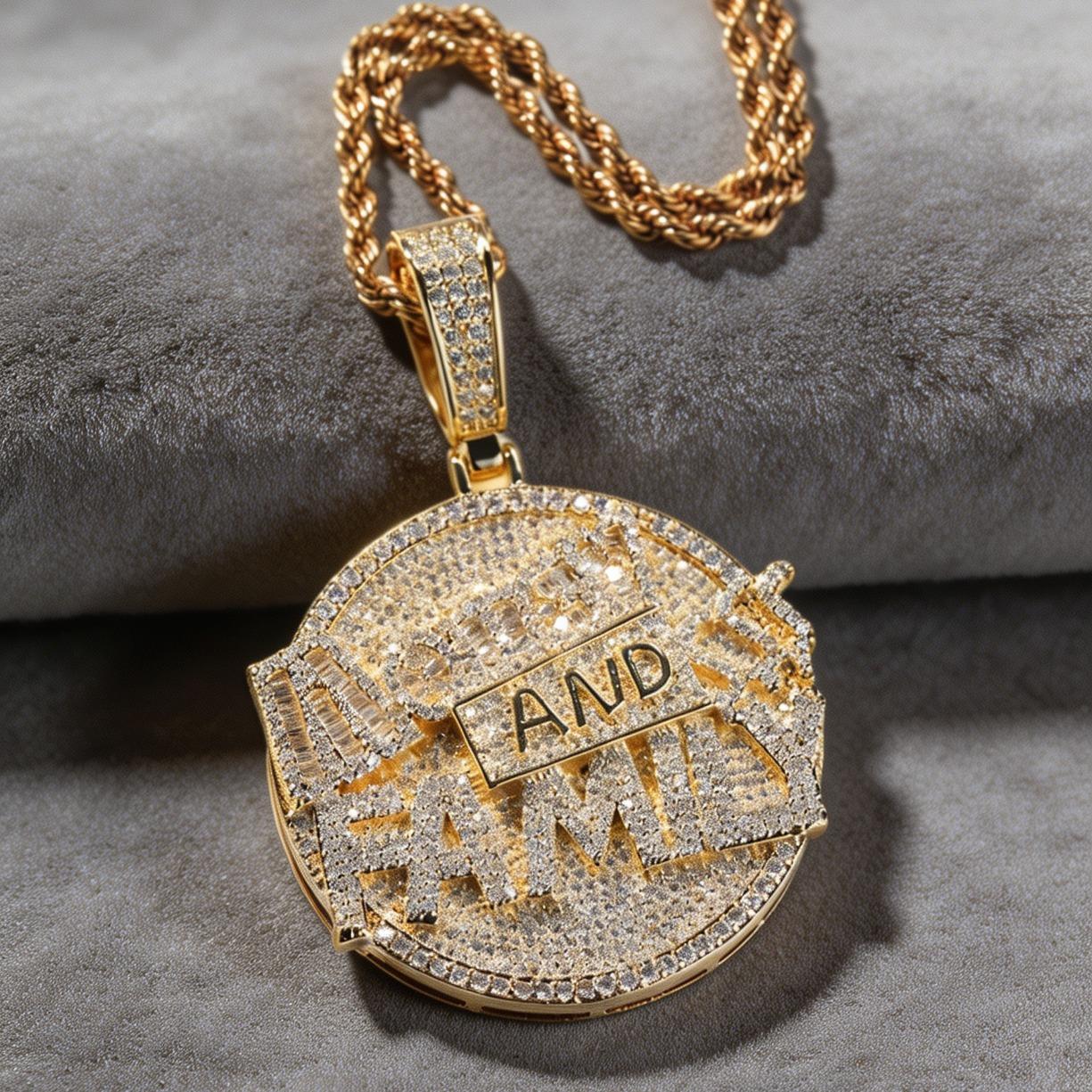 Copper Money & Family Letter Round Pendant Necklace with 5A+ Moissanite for Unisex, Miami - Inspired Luxury Daily Jewelry, Ideal Gift, Hip - Hop Style