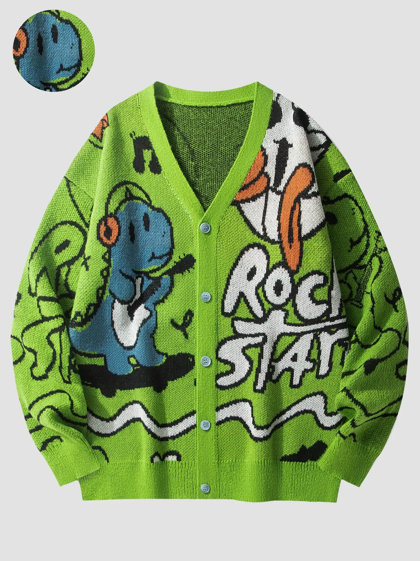 Autumn-Winter Unisex V-Neck Knit Cardigan, Cartoon Rock Star Dinosaur Skateboard Pattern Button-Up Sweater, Bright Casual Streetwear Jacket