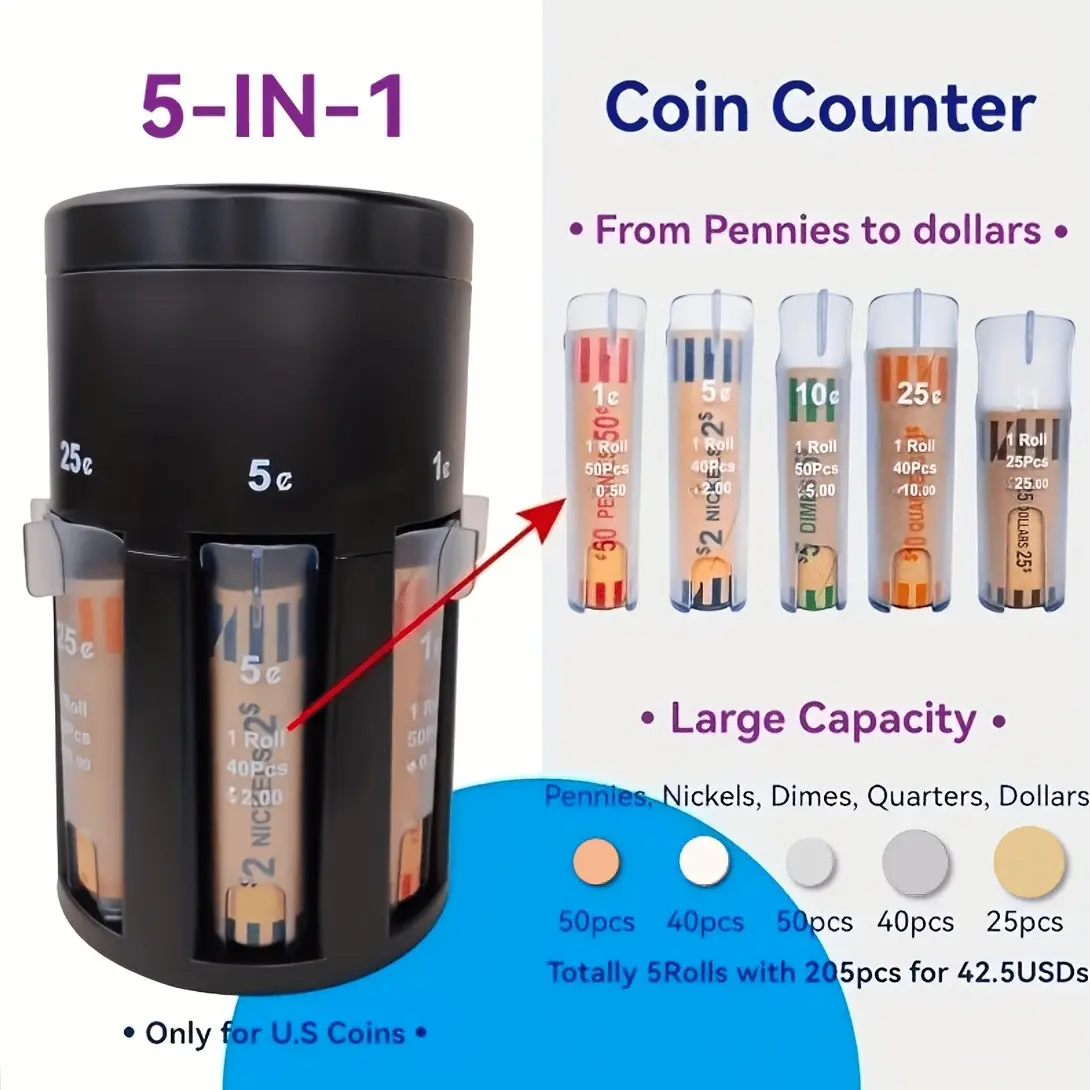 5-In-1 coin counter, coin sorter, rotatable base, change sorter, coin sorter