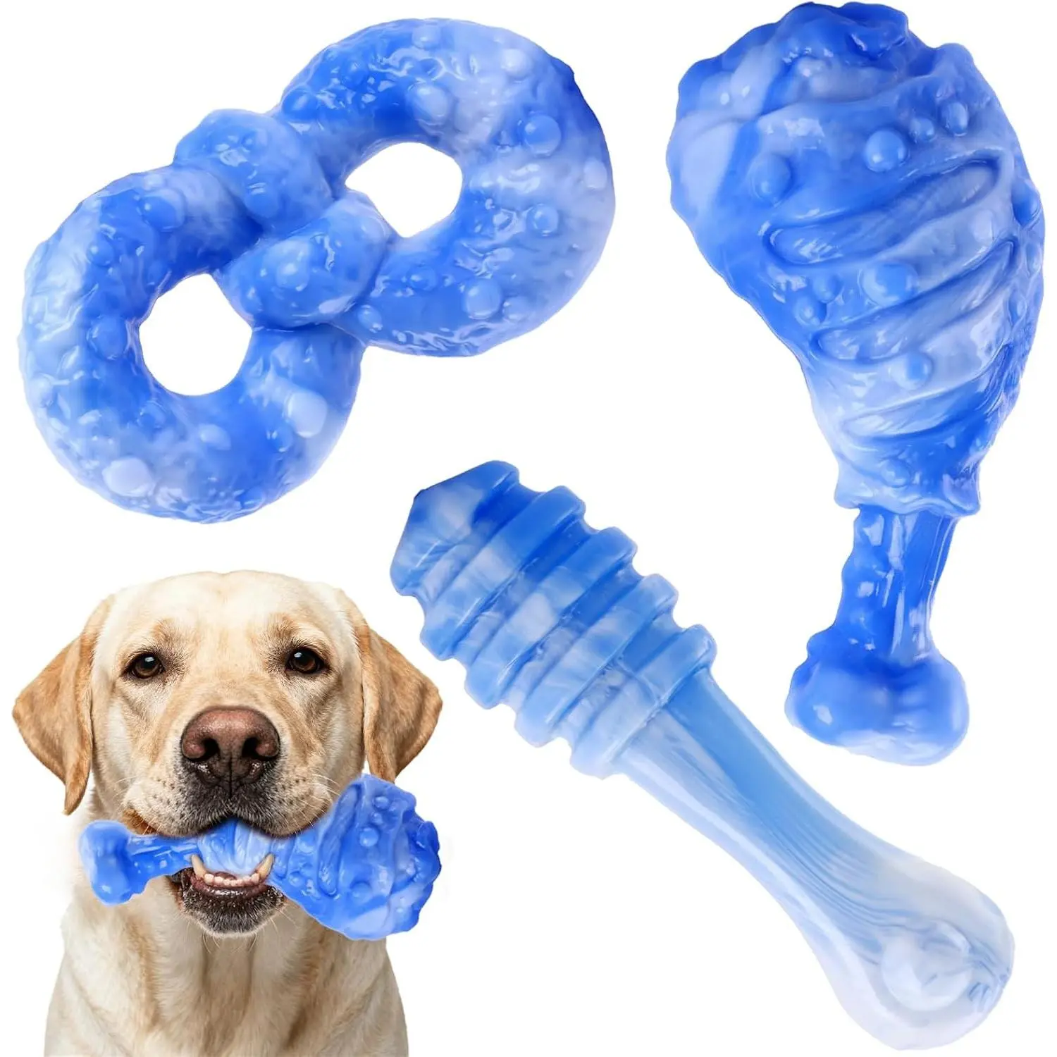 Indestructible Dog Toys for Aggressive Chewers - 3 Pack Tough Durable Chew Toys for Medium & Large Dogs, Bacon Flavor, Blue, Keep Them Busy All DayGift