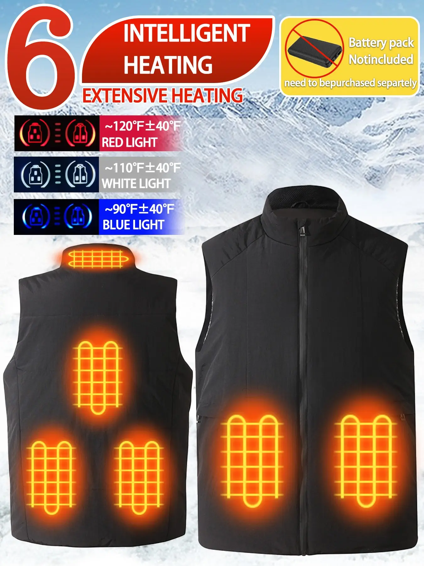 Heating Vest with 6-Zone Warmth, Fashionable Stand-Up Collar, Zipper Pockets, Three Temperature Settings, Ideal for Winter Outdoor Activities