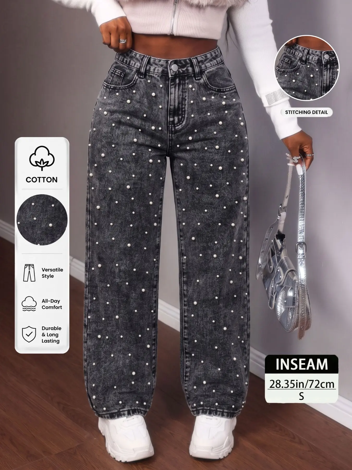 Latina Mid-Rise Straight Leg Jeans with Beaded Detail, Snow Wash Denim Pants for Women, Slimming Sexy Streetwear, Elegant Chic Casual Summer Bottoms, All-Season Trendy Fashion, Washed Denim Pants, Bling Jeans