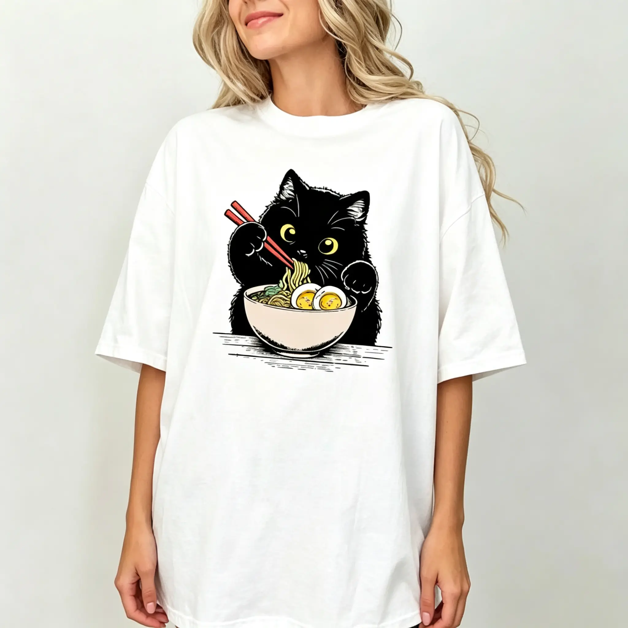 Cute Black Cat Ramen Noodle Graphic Unisex Tee |   All-Season Breathable Top