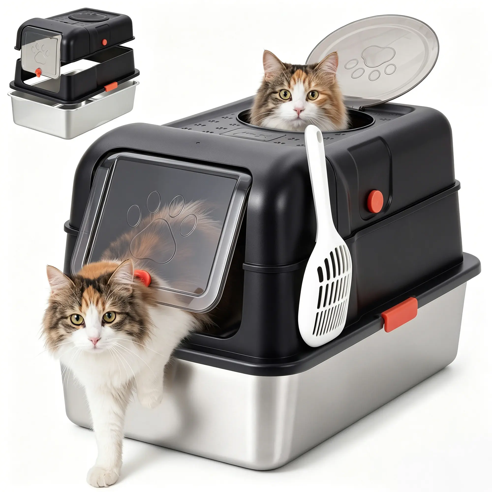 Dog Proof Stainless Steel Cat Litter Box with Lid, Large Enclosed High-Sided Metal Pan, Top Entry Leak Resistant Easy Clean Litter Box with Scoop for Big & Multi-Cat Homes