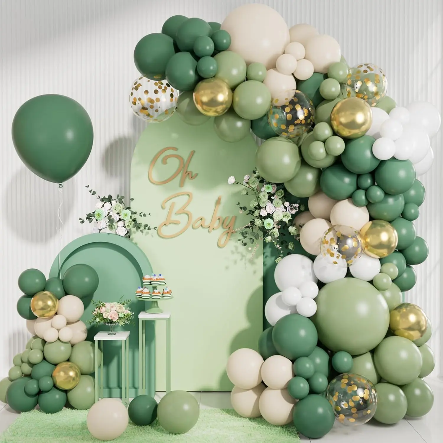 Sage Green Balloon Garland Arch Kit, Sage Green Olive White  Balloons in 18 12 10 5 inch, Metallic Confetti Balloons for First Communion Safari  Shower Birthday Baptism Decorations
