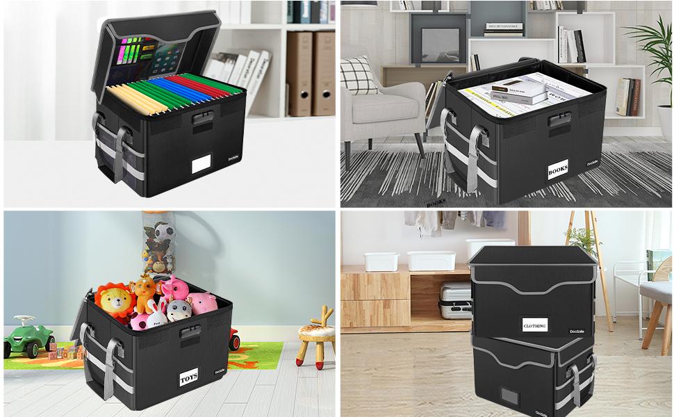 File Box Fireproof Document Box with Lock,File Storage Organizer Box with Mesh Pockets,Collapsible Portable File Box Office File Cabinet with Handle for Hanging Letter/Legal Folder,Black