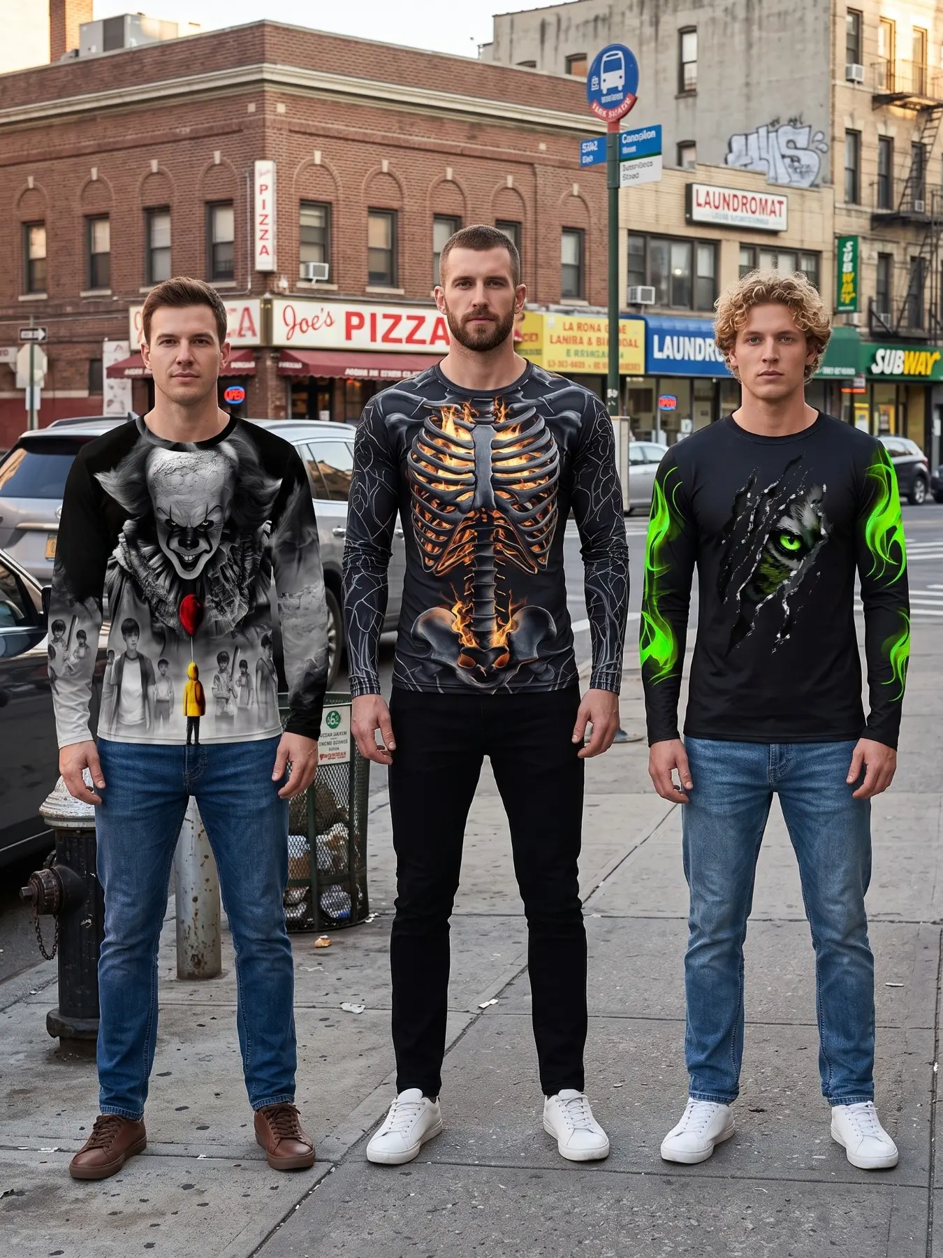3-Pack Men's Dark 3D Print Long Sleeve T-Shirts, Halloween Horror Clown Skull Monster Pattern, Streetwear Tight Fit Combo Set