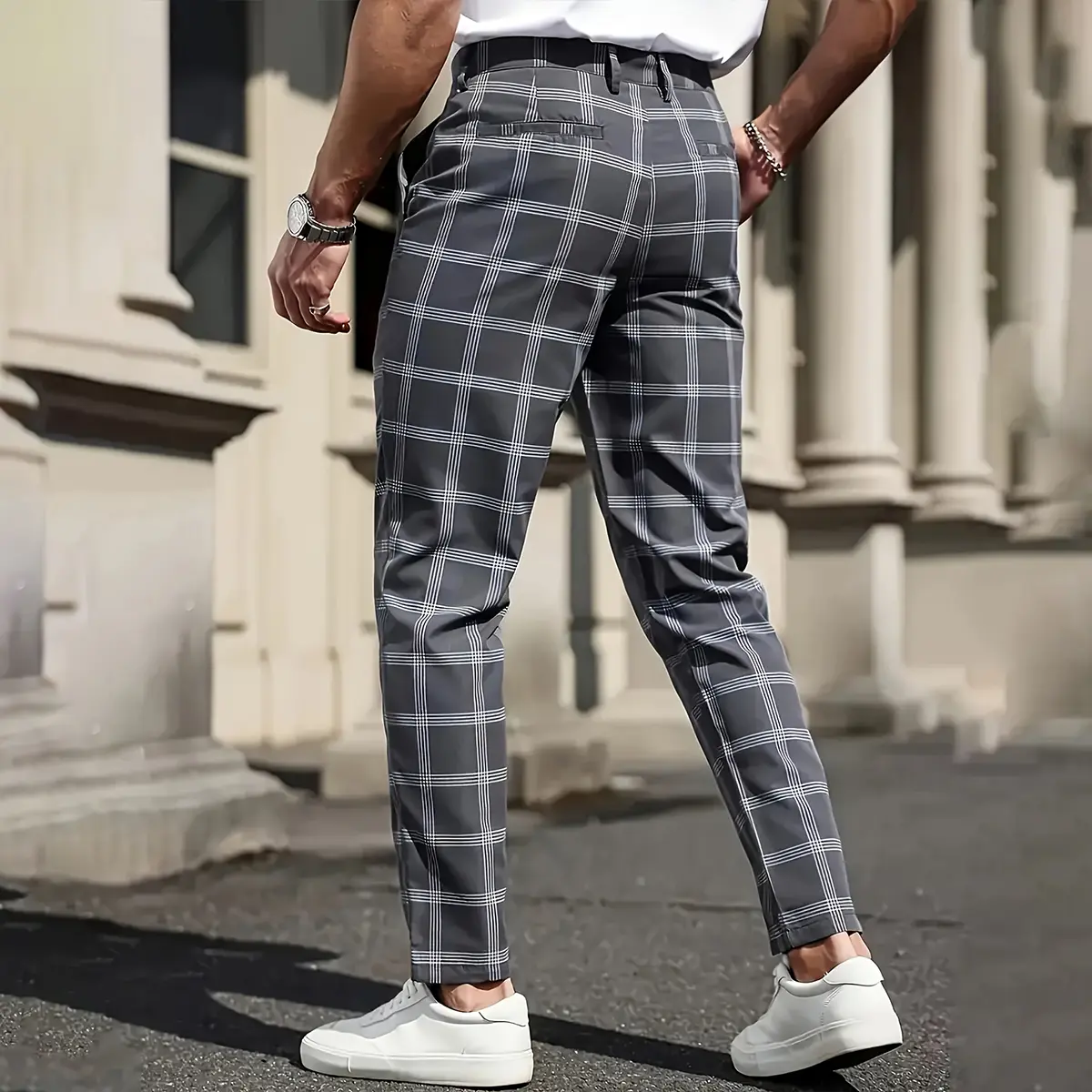 Men's gray checkered pants, elastic and lightweight checkered cut pants with button zipper closure, casual business straight leg Chino pants, fashionable streetwear office commuters daily wear suit pants, soft and breathable, suitable for men's retro chec