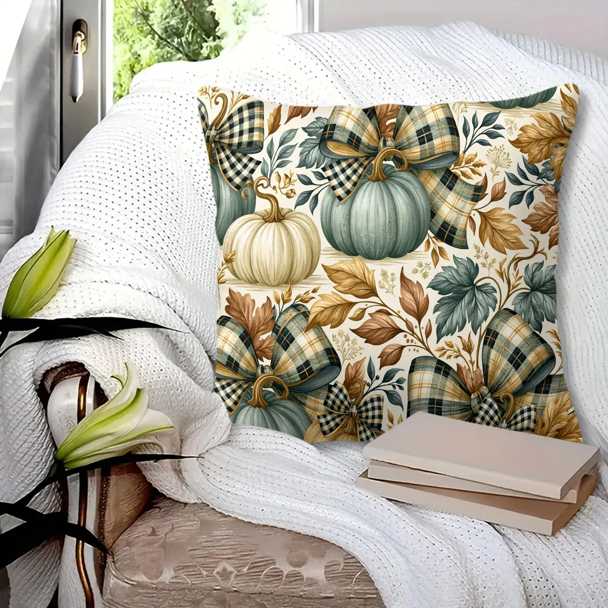 45x45cm 1Pc Fall Buffalo Plaid Bow Pumpkin Throw Pillow, Soft Fluffy Durable Cushion, Rustic Farmhouse Autumn Home Decor for Sofa Bedroom Living Room, Perfect Thanksgiving Small Gift, Includes Filling
