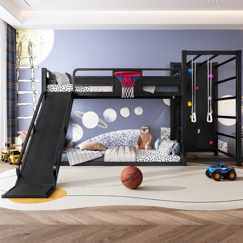 [Bellemave]Twin /Fullsize metal loft/bunk bed with basketball hoop, pull-up rings, climbing wall, and built-in bookshelves. Playful children's design featuring a slide,Black.