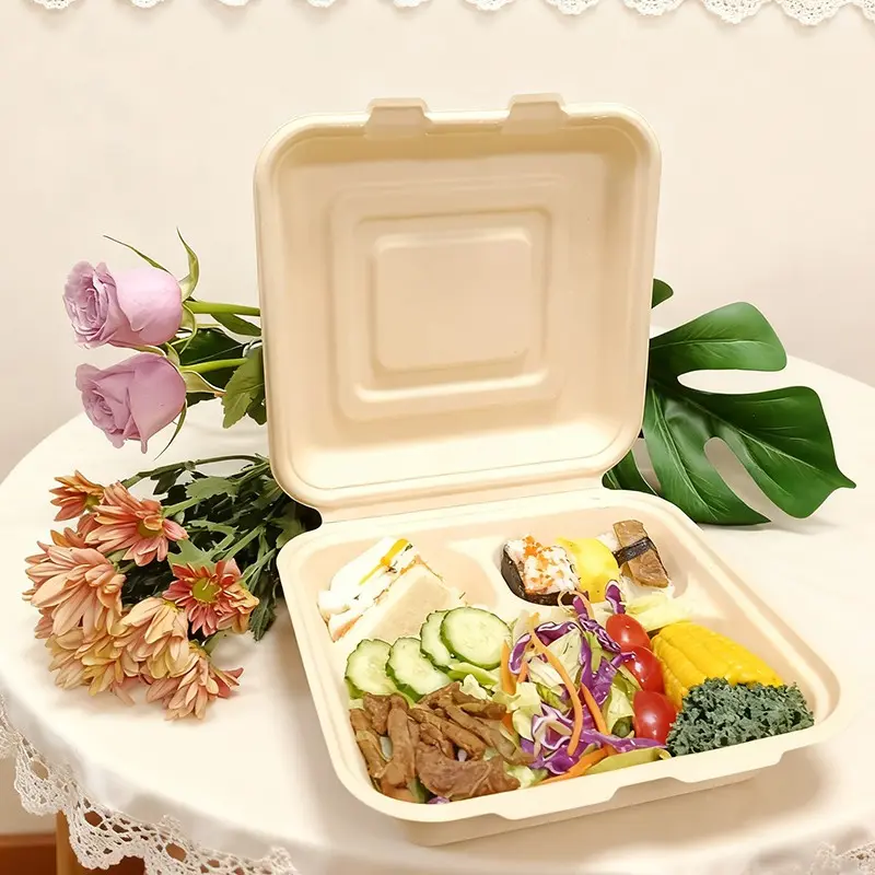 Rui Bamboo 20 & 50 Pcs 9 Inch 3 Compartment Clamshell Containers with Lids, Disposable Bamboo Fiber Divided Lunch Boxes Bulk Catering Supplies for Hot/Cold Dishes, Takeout Bento (40 OZ)