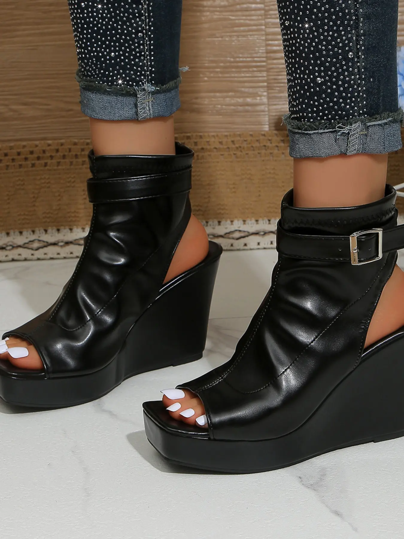 Women's Open Toe Back Cutout Ankle Buckle Platform Sole Wedge Boot Sandals Shiny Patent Faux Leather Y2K Street Club Fashion Footwear Solid Black
