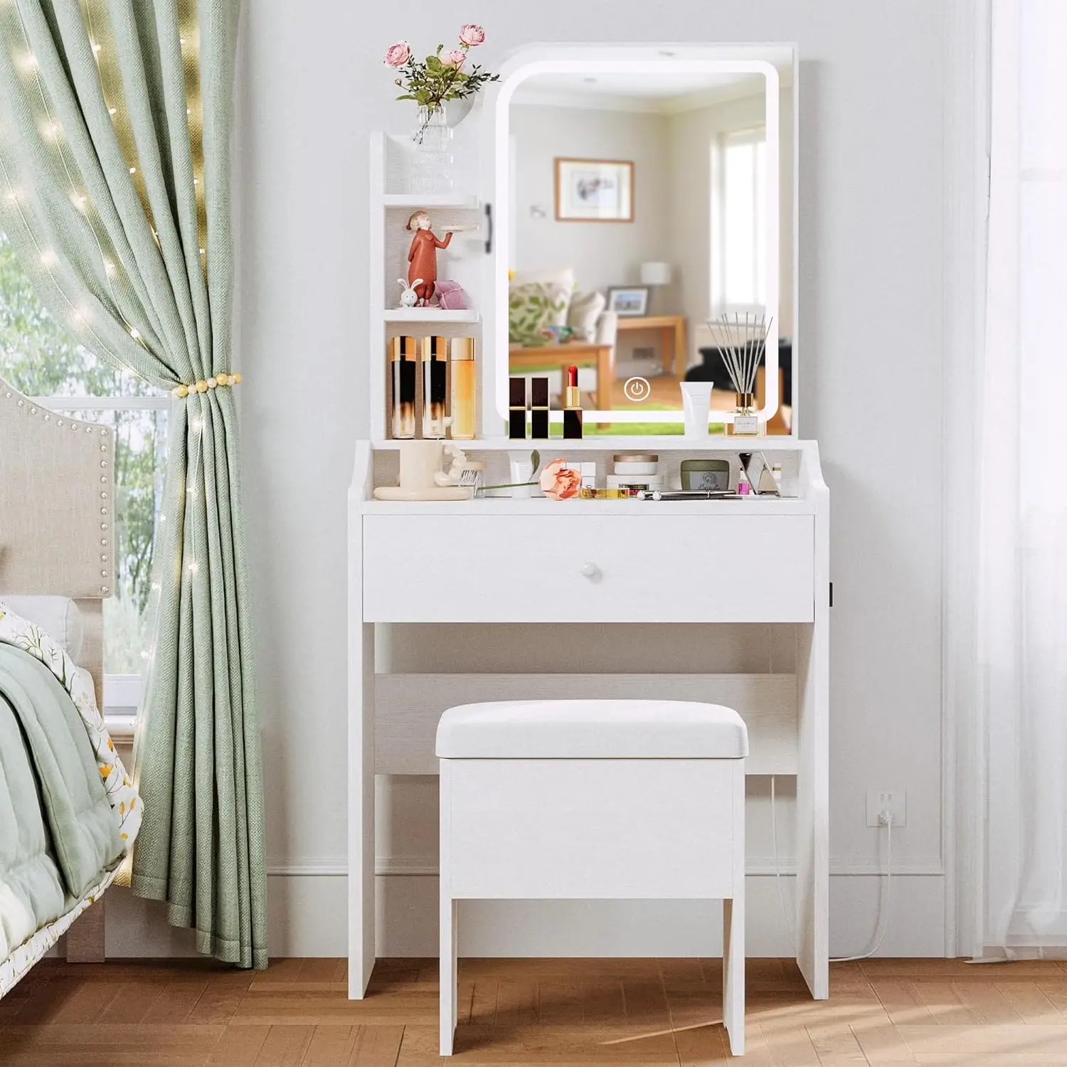 White Makeup Vanity Set with Chair, Dressing Table with Mirror, Power Outlet, 3 Lighting Modes, Adjustable Brightness & 1 Storage Drawer, Bedroom Vanity Furniture, Vanity With Drawers, Led Vanity Table