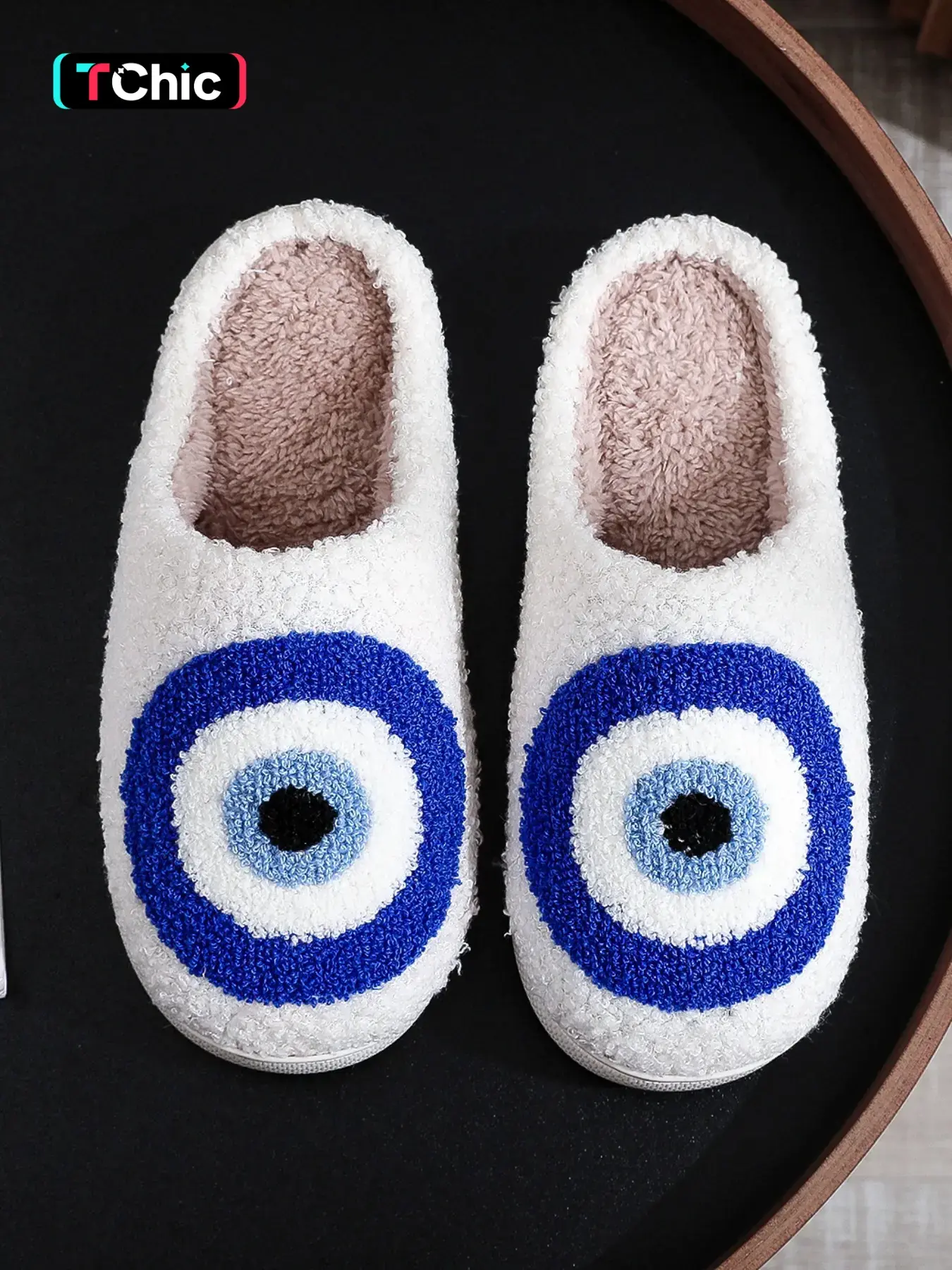 Evil Eye Embroidered Plush Slippers, Fuzzy Fashion Slippers, Creative Circle Eyes Design, Unisex Indoor Outdoor Warm Non-Slip Shoes, Fall Winter Best Gift, Home Bathroom Slippers, House Slippers