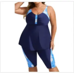 Plus Size Women's Leopard Print Tankini Swimsuit with Capri Leggings, Tummy Control Modest Athletic Bathing Suit for Curvy Women