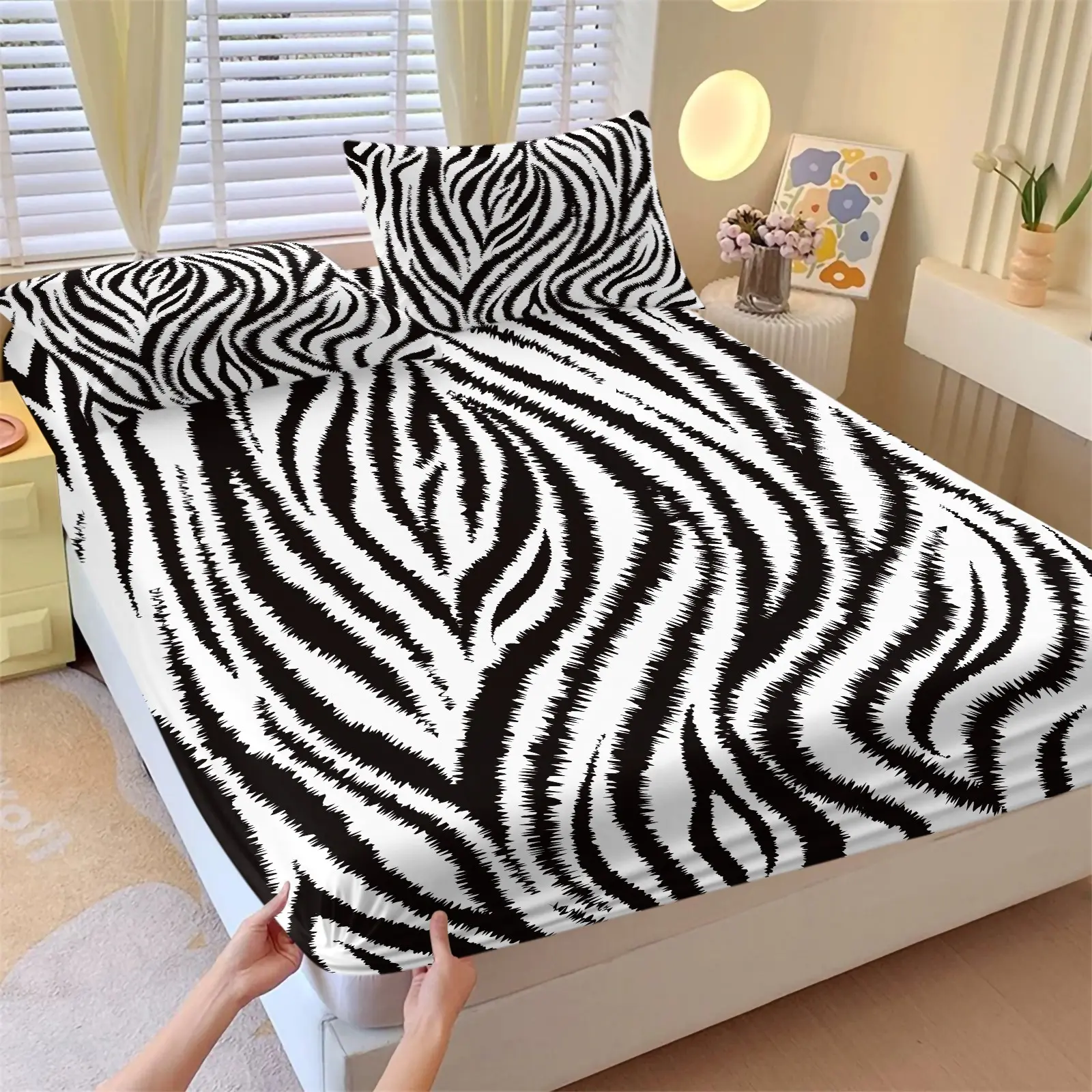 Black White Zebra Stripes Fitted Sheet Set, 1 Fitted Sheet + 2 Pillowcases, Deep Pocket Mattress Protector, Soft Breathable Bedding, Printed Bedding Set, Trendy Wild Animal Skin Print, Modern Bedroom Decor