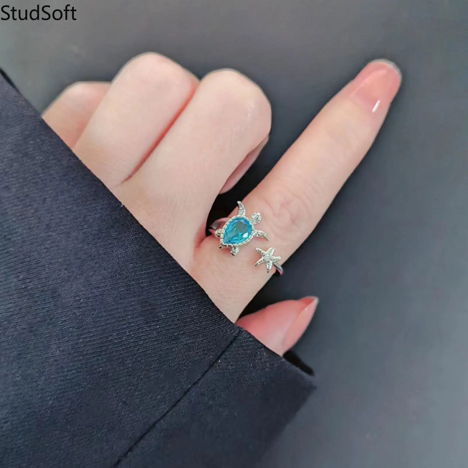925 Sterling Silver Sea Turtle Ring Cute Starfish Open Adjustable Band Ocean Blue Zircon Animal Jewelry Gift for Women Girls Beach Vacation, Adjustable Size, Animal Theme, Open Band, Zircon Stone