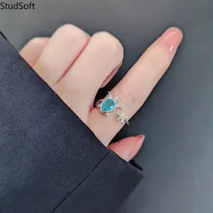 925 Sterling Silver Sea Turtle Ring Cute Starfish Open Adjustable Band Ocean Blue Zircon Animal Jewelry Gift for Women Girls Beach Vacation