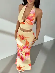 Women's Halter Neck Deep V Lily Print Crop Top & High Waist Mermaid Maxi Skirt 2 Piece Set, Cream Yellow Sexy Tropical Resort Outfit, Perfect for Beach Vacation, Party, Date Night, Travel, Festival, Trendy Summer Going Out Outfit for Ladies
