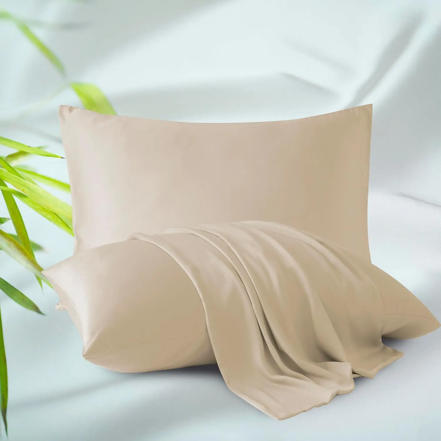 Bamboo Viscose Zippered Pillow Cases Standard Size Set of 2, 400 Thread Count Cooling Pillow Protectors for Hot Sleepers, Luxurious Hotel Quality - Silky, Soft, Breathable (20x26 Inches, Beige)