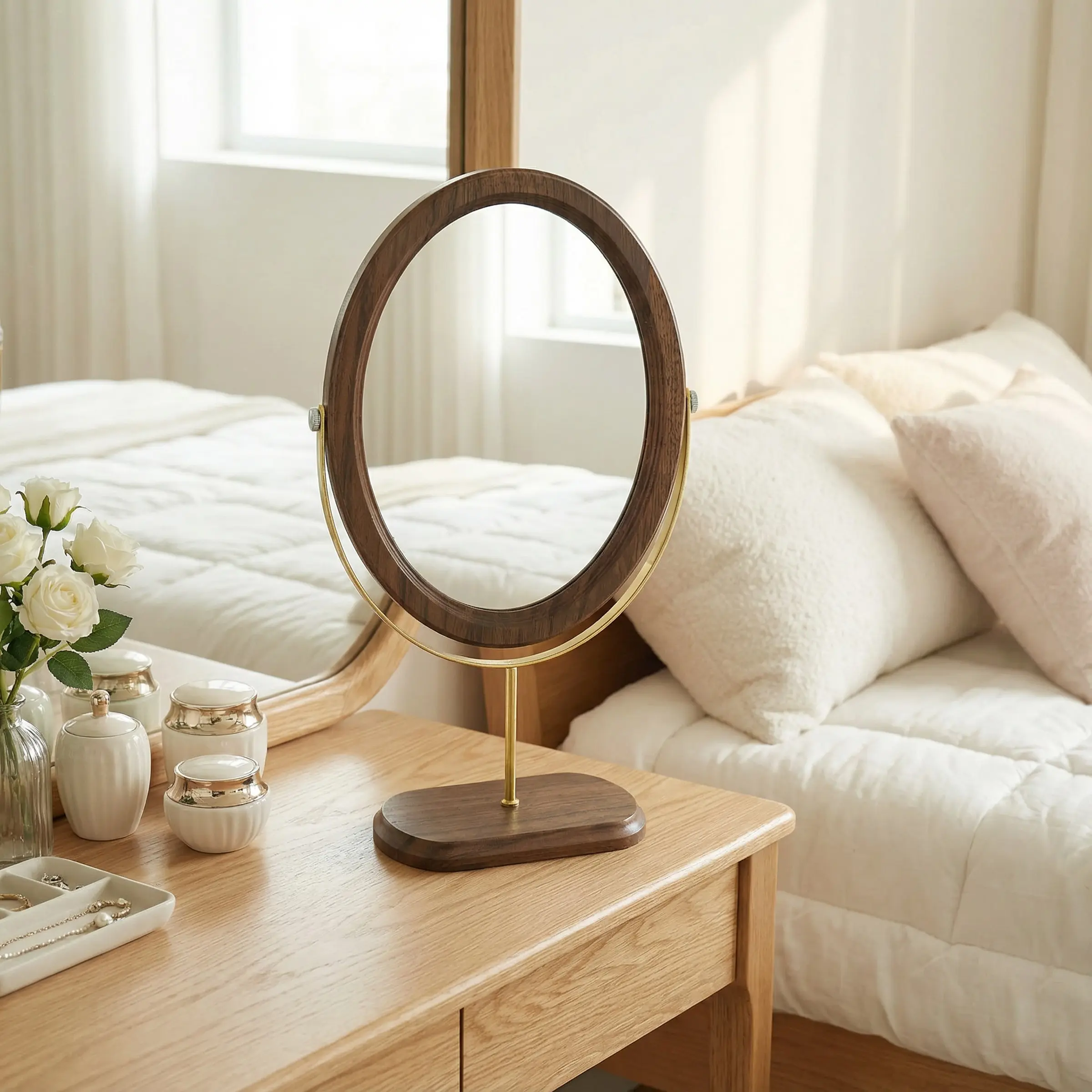 Oval Solid Wood Vanity Desk Mirror | 360° Swivel Brass Framed Tabletop Makeup Mirror for Bedroom Dresser, Vintage Home Decor #VanityMirror #MakeupEssentials