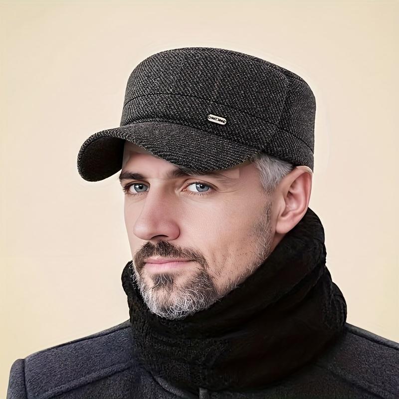 Men's Winter Warm Fleece-Lined Thickened Flat Cap with Ear Flaps - Tweed Style Felt Hat for Elderly & Middle-Aged, Multi-Color Options (Black, Navy, Brown, Grey) - Outdoor & Formal Cold Weather, Christmas/Thanksgiving/Halloween Accessory, Funky & Stylish