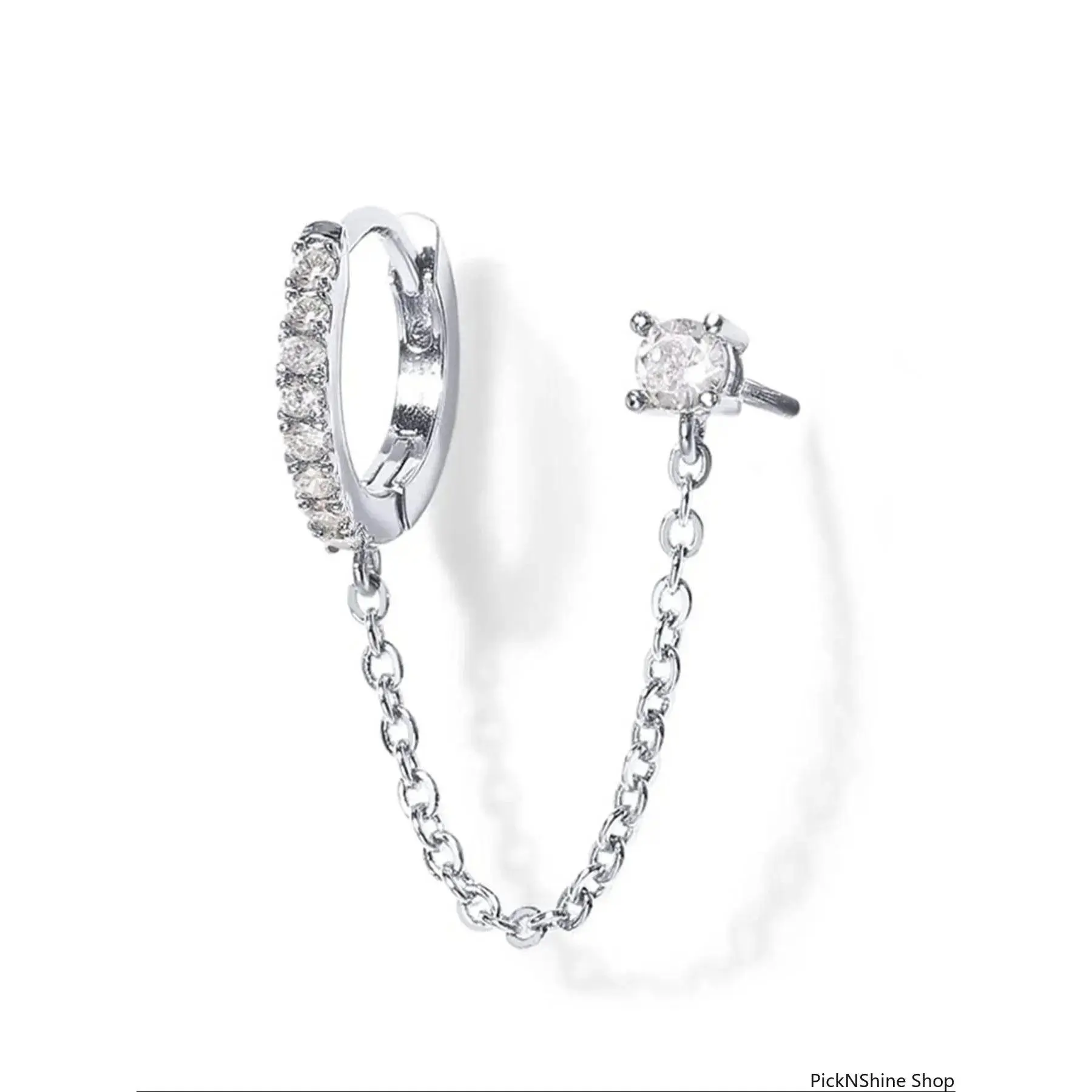 Women's Silver-Tone Double Piercing Earrings, CZ Chain Link Huggie Hoop to Stud Drop, Elegant Minimalist Accessories for Gifting, Accessories For Women, Minimalist Decluttering, Synthetic, Hoop Stud, 2Pcs, Female, One Size