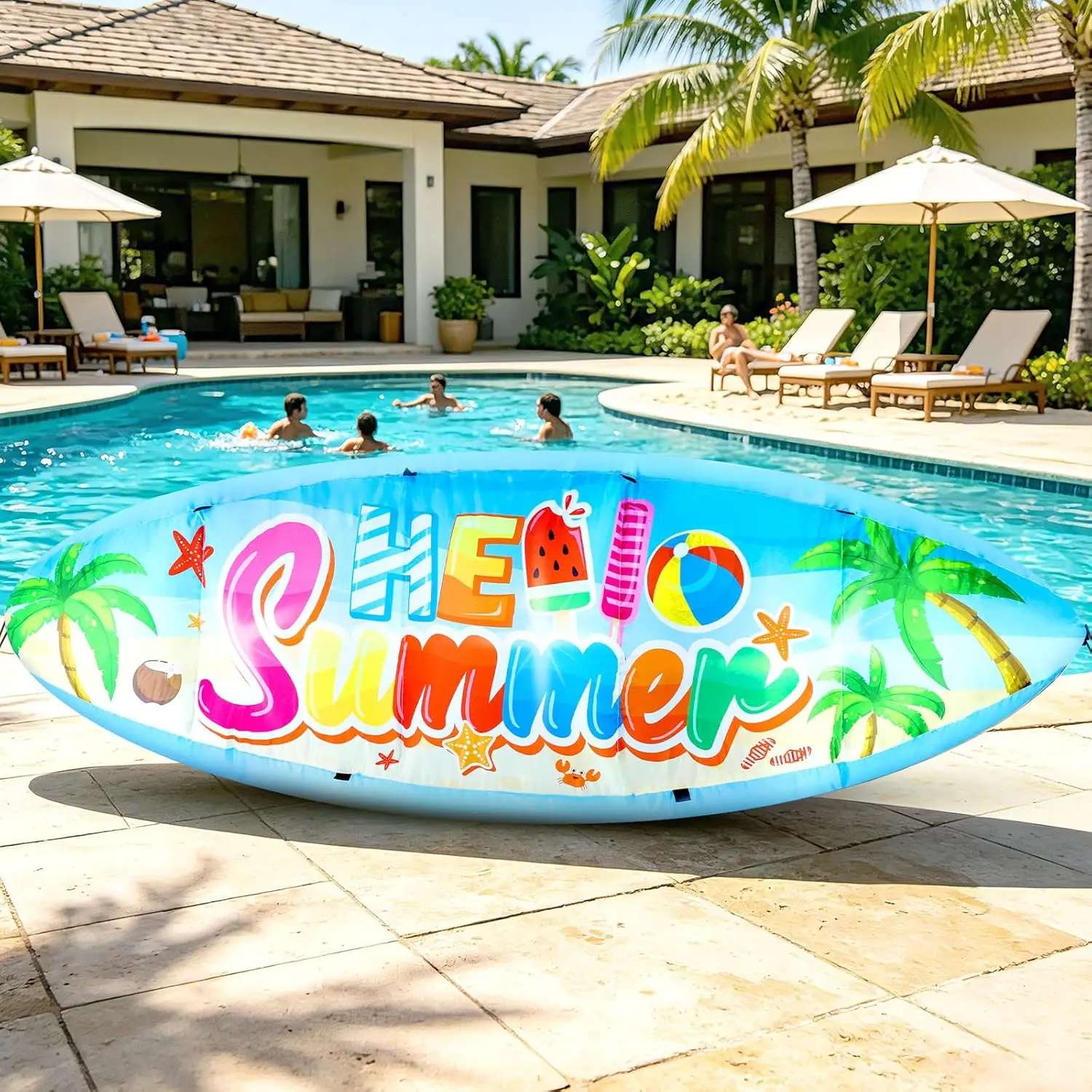 5FT Hello Summer Surfboard Inflatable Decoration, Outdoor Blow Up Yard Decor with Built-in 3 LED Lights, Summer Luau Party Supplies for Pool Holiday Garden Lawn Patio Tropical Beach