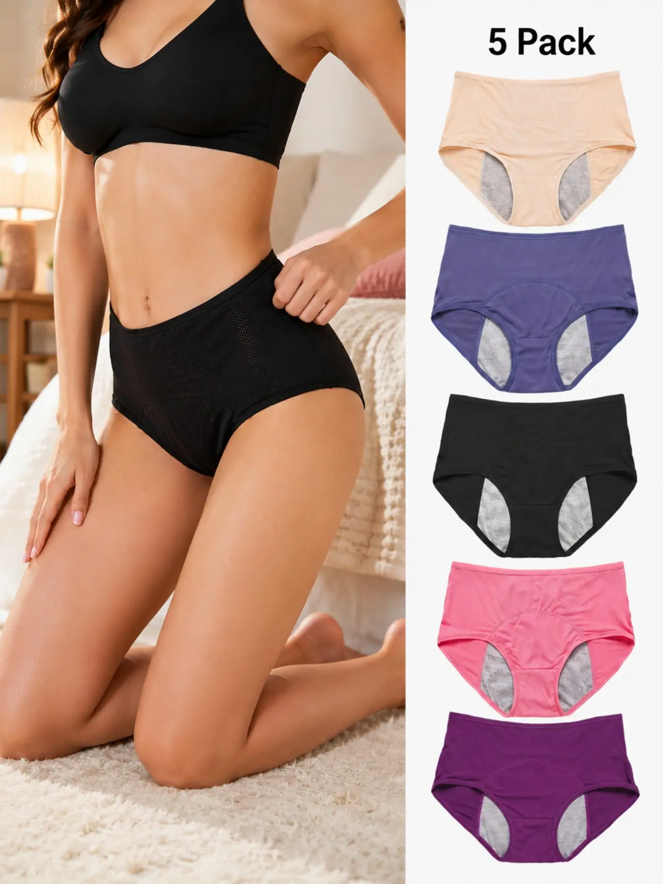 5-Pack Assorted Colors | Women's High-Waisted Elegant Leak-Proof Period Panties Set | Breathable Cotton Underwear | All-Day Comfort | Fit
