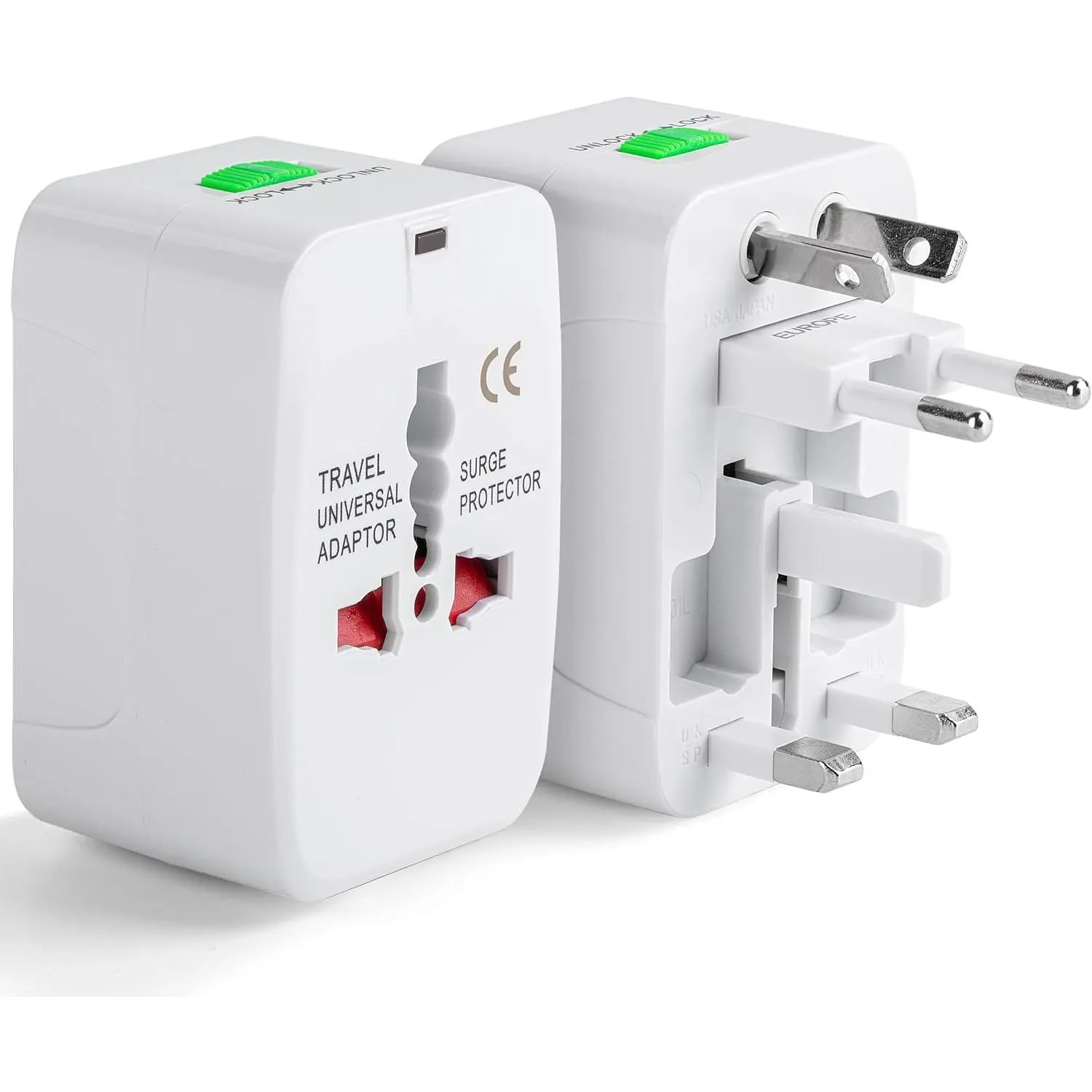 Compact International Travel Power Adapter with Plug Lock, Surge Safe, Compatible with EU, UK and India Outlets for Travel Use, Lightweight, Multi-Region