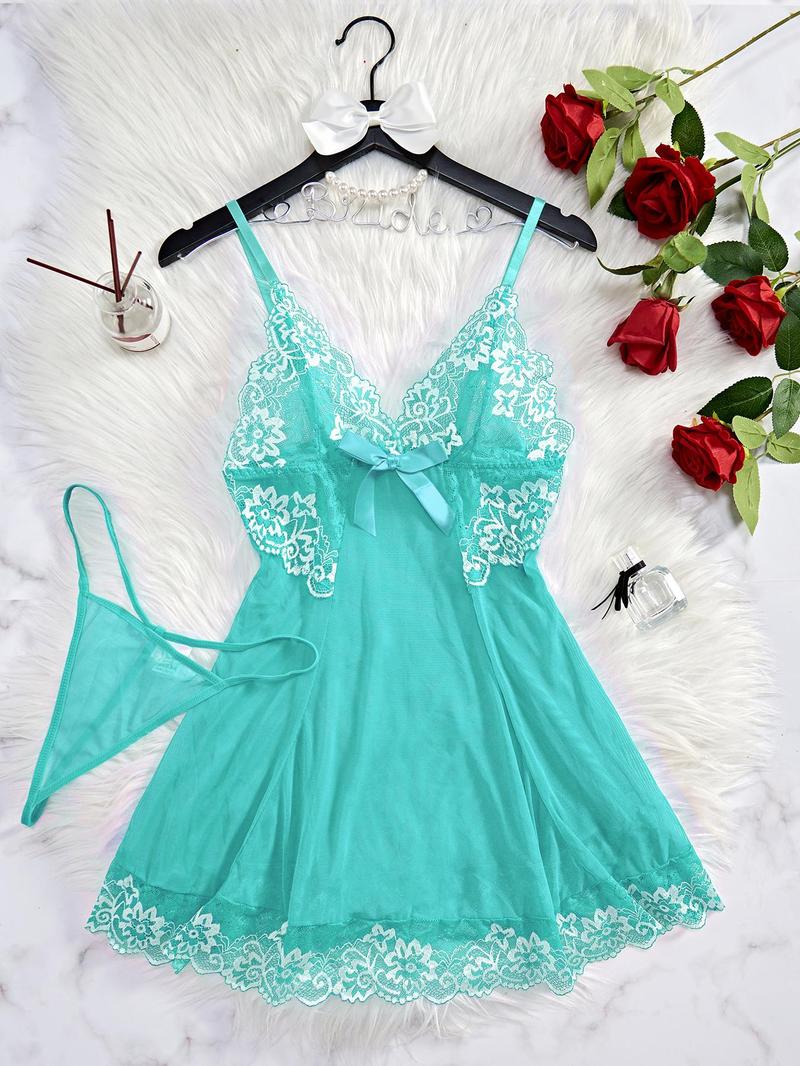 Women's Contrast Floral Lace Bow Front Sexy Costumes Set, Fashion Adjustable Strap Nightgown & Solid Thong, Ladies Summer Clothes for Daily Wear
