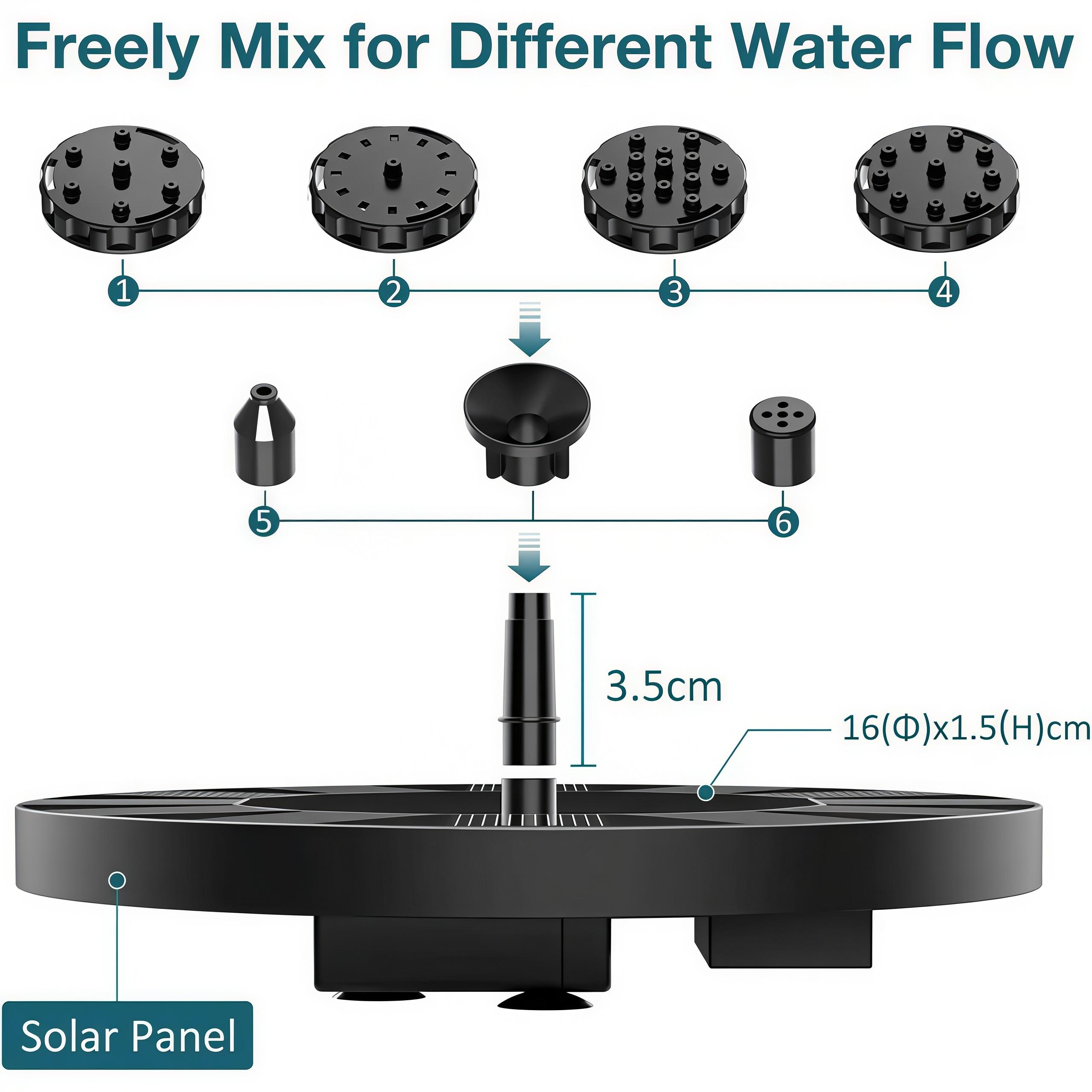 Solar Bird Bath Fountain with 6 Nozzles, Floating Solar Fountain Pump with Brackets for Garden, Pond and Outdoor Use