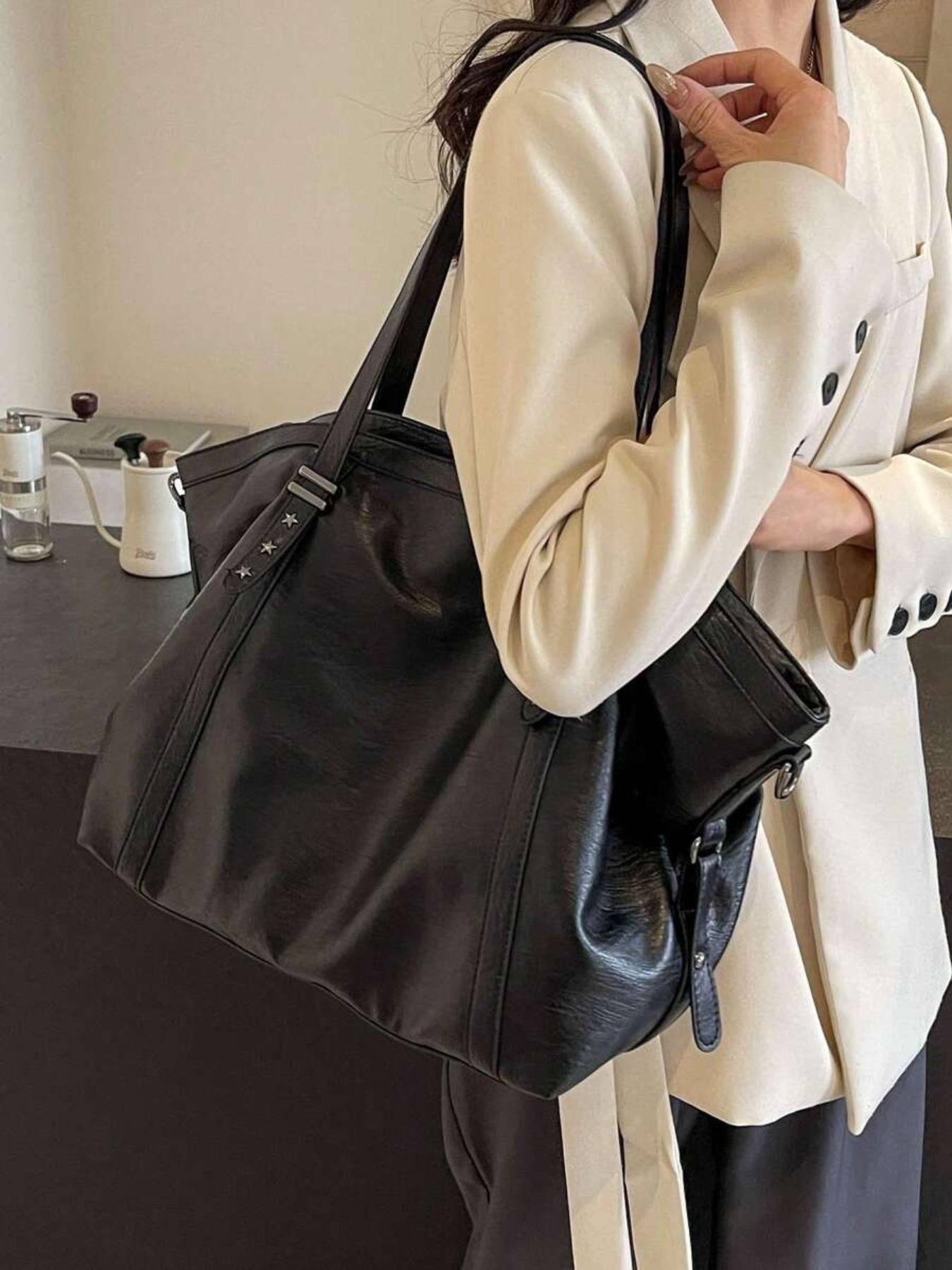 Women's Elegant Solid Color Tote Bag, Fashionable Large Capacity Star Detail Shoulder Bag for Daily Used, Casual Trendy Versatile Commuter Messenger Bag, Pu Tote Satchel