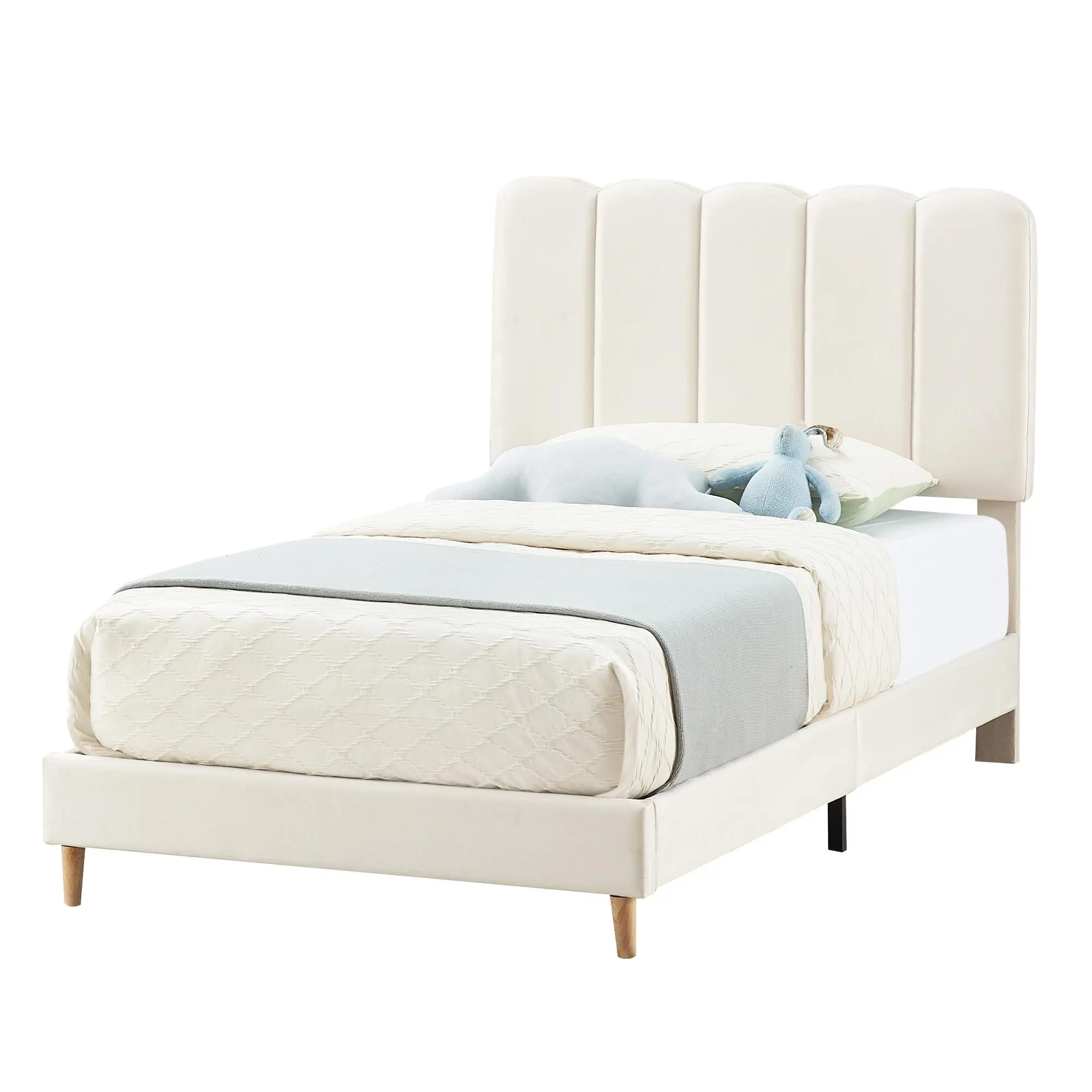 Modern Twin Bed Frame - Wave Boucle Upholstered Headboard, Smart App-Controlled LED Lights, USB Port Charging Station, Durable Wood Slat Support, No Box Spring Needed for Kids’ Bedroom, Playroom (USB Charging Bed Frames)