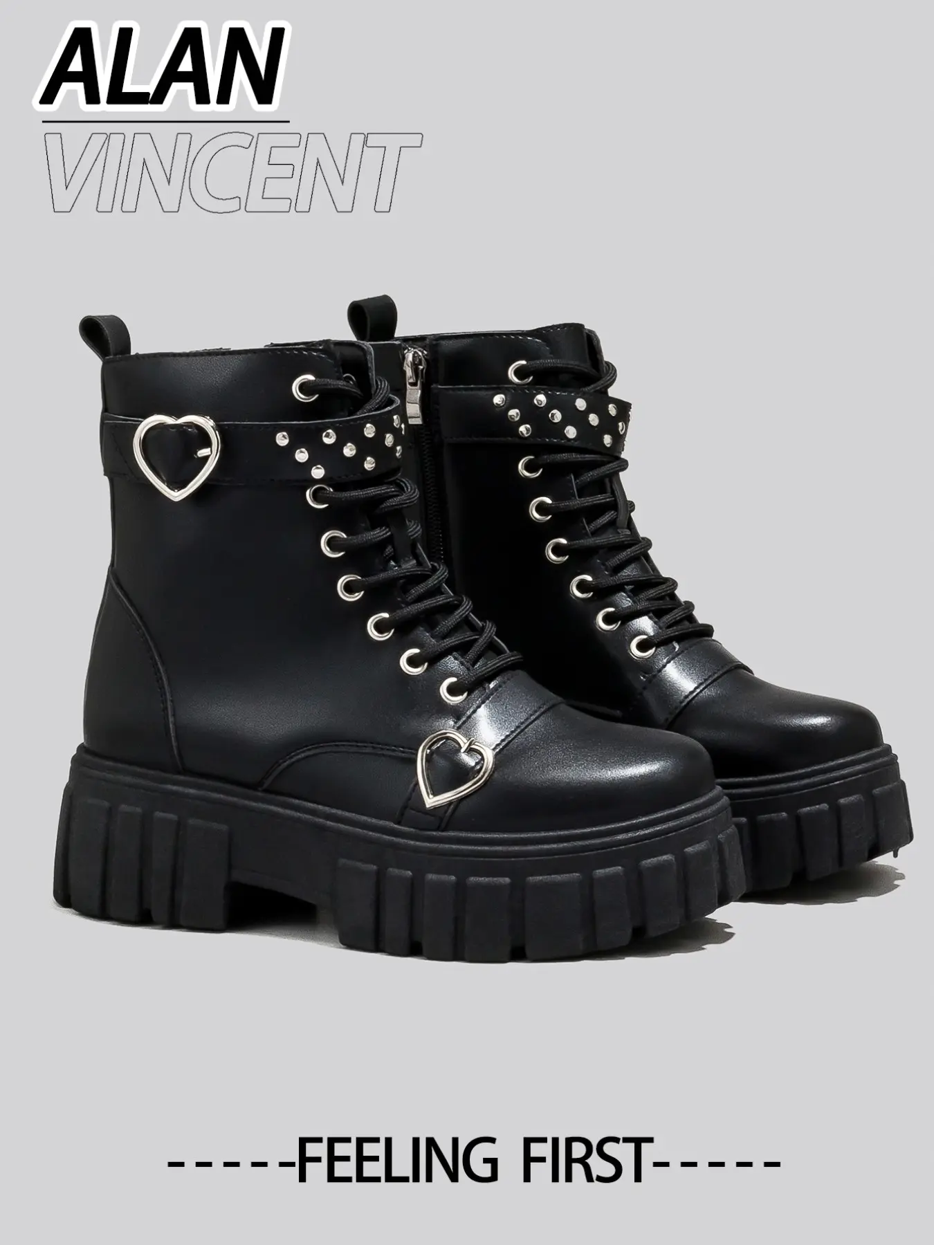 New Women's Mid-Calf Lace-Up Boots, Thick Sole Heeled Boots with Heart Decoration, Fall & Winter Fashion Shoes