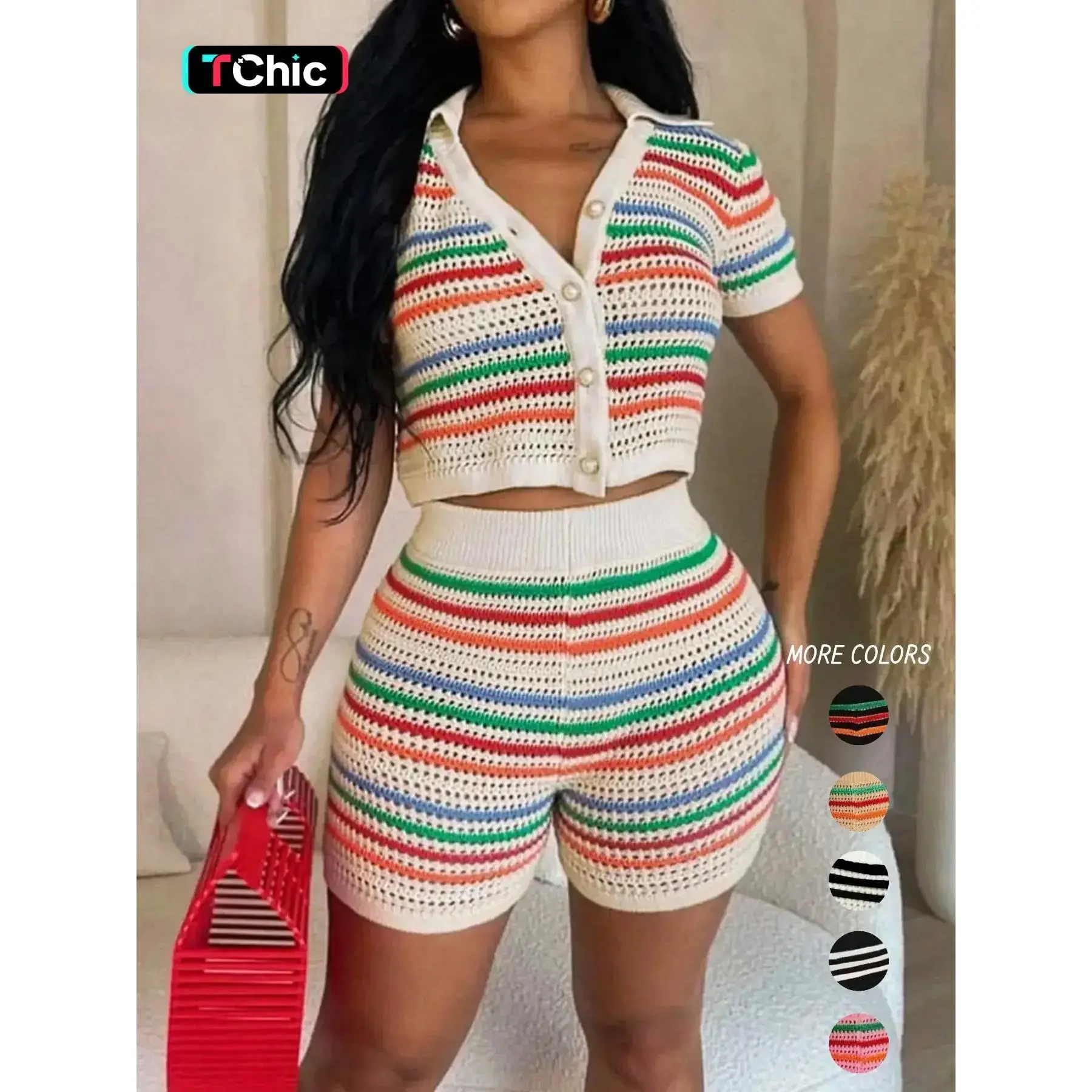 Women's Colorblock Striped Print Button Front Crop Cardigan & High Waist Shorts Sweater Co-ord Set, Casual Short Sleeve Collared Top & Skinny Shorts for Summer